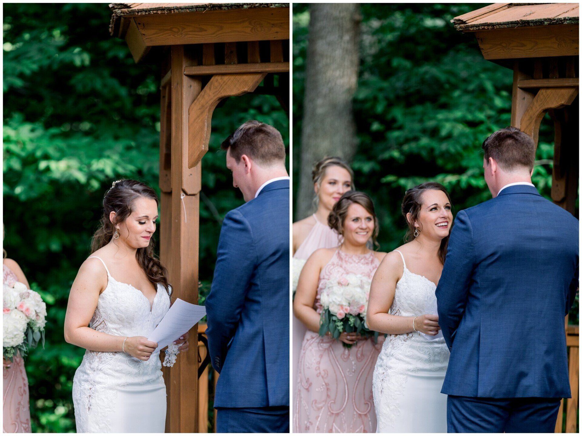 Wedding couple exchanging vows outdoors under a wooden arch, with guests nearby