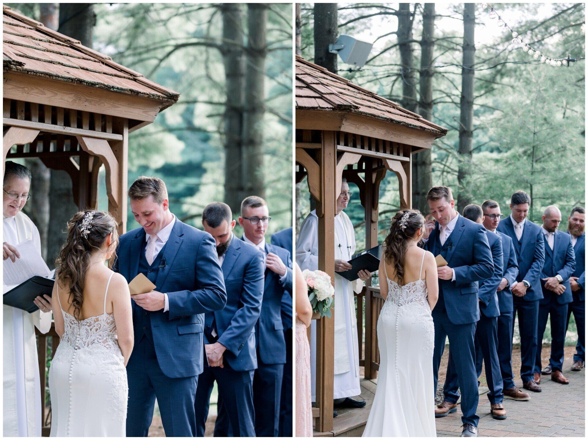 Outdoor wedding ceremony with bride and groom exchanging rings under a wooden gazebo
