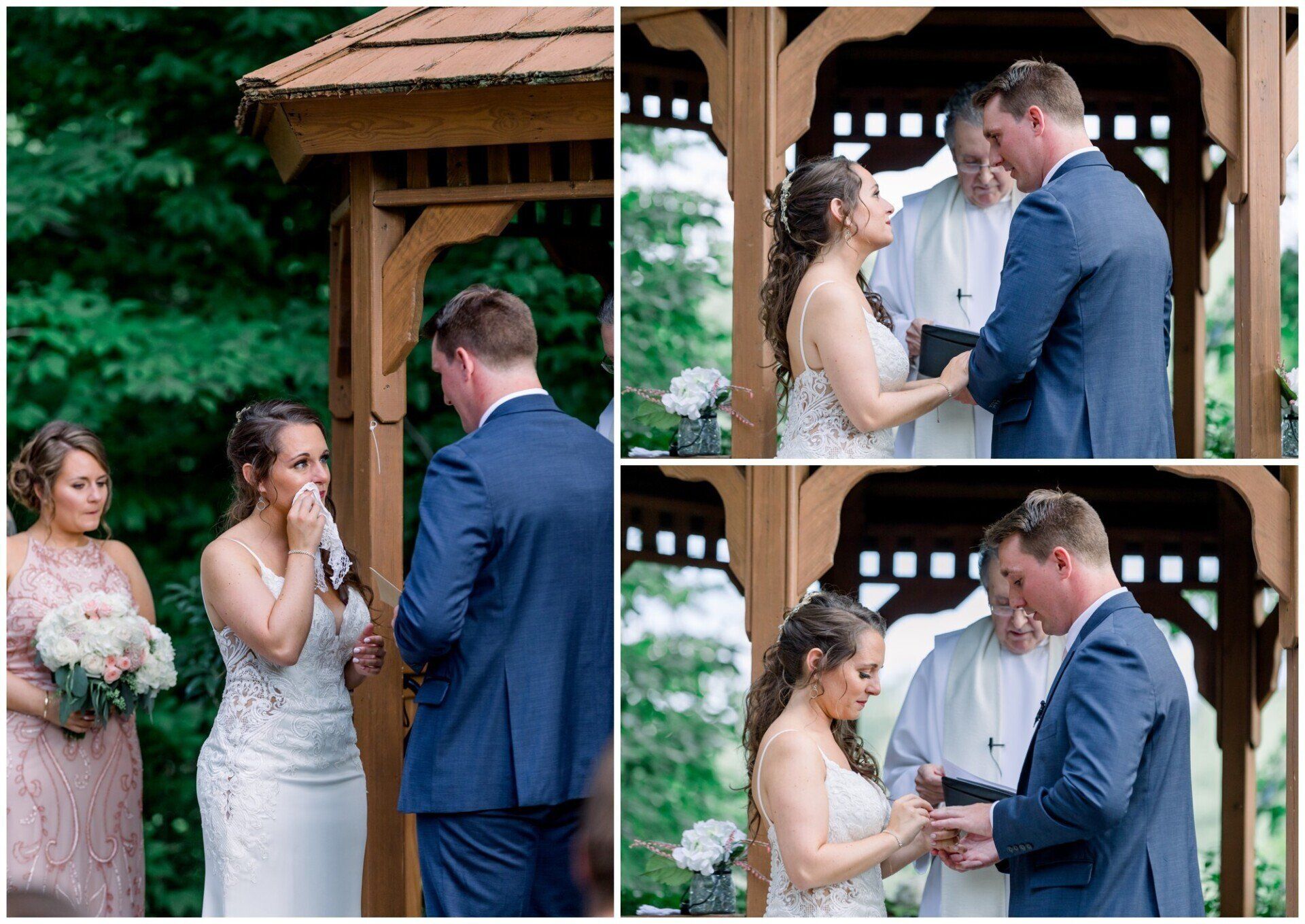 Wedding couple exchanging vows under a wooden gazebo, with a guest holding a bouquet nearby