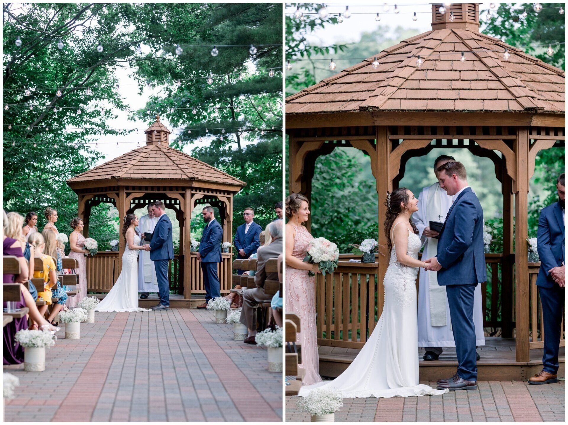Outdoor wedding ceremony at a gazebo, with a couple exchanging vows before seated guests.