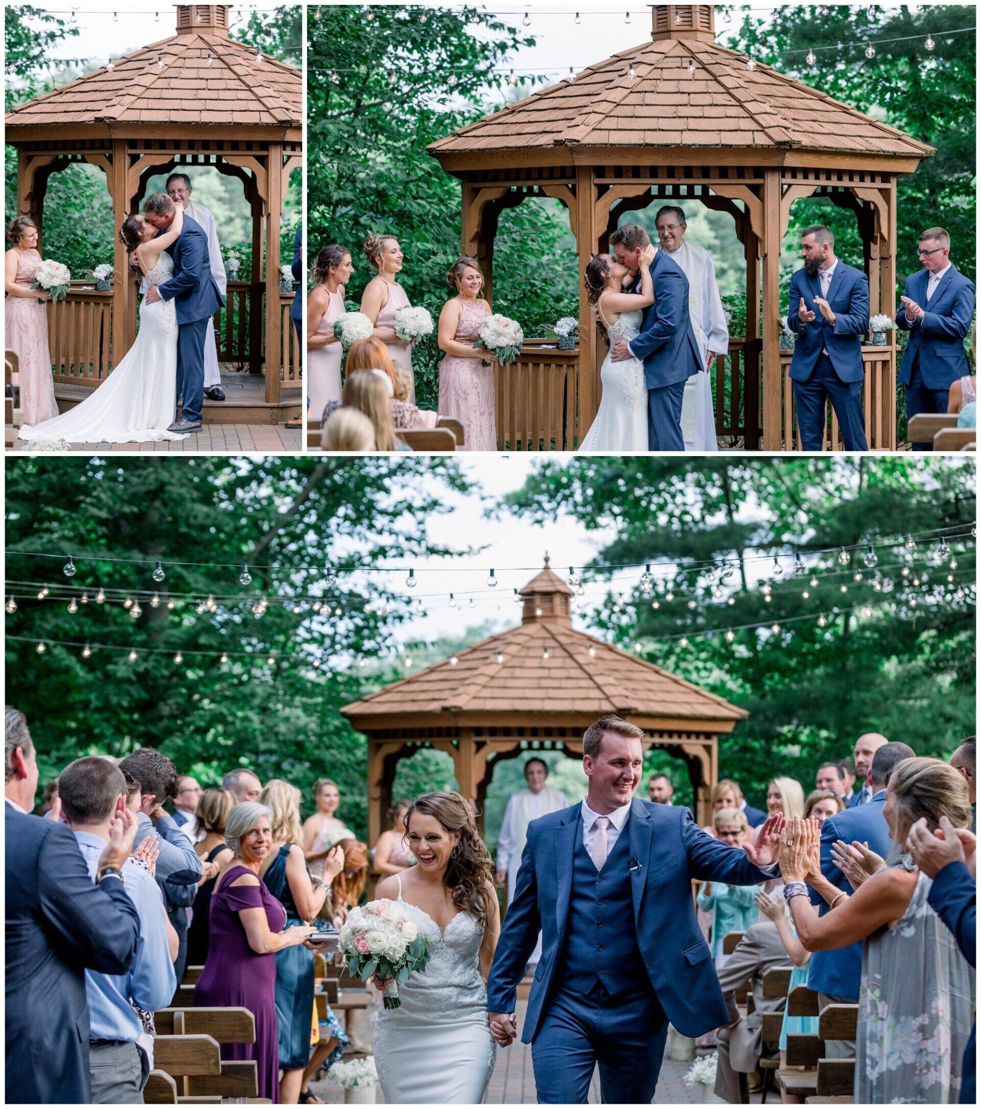 Wedding couple at a gazebo and walking down an aisle as guests applaud in an outdoor ceremony