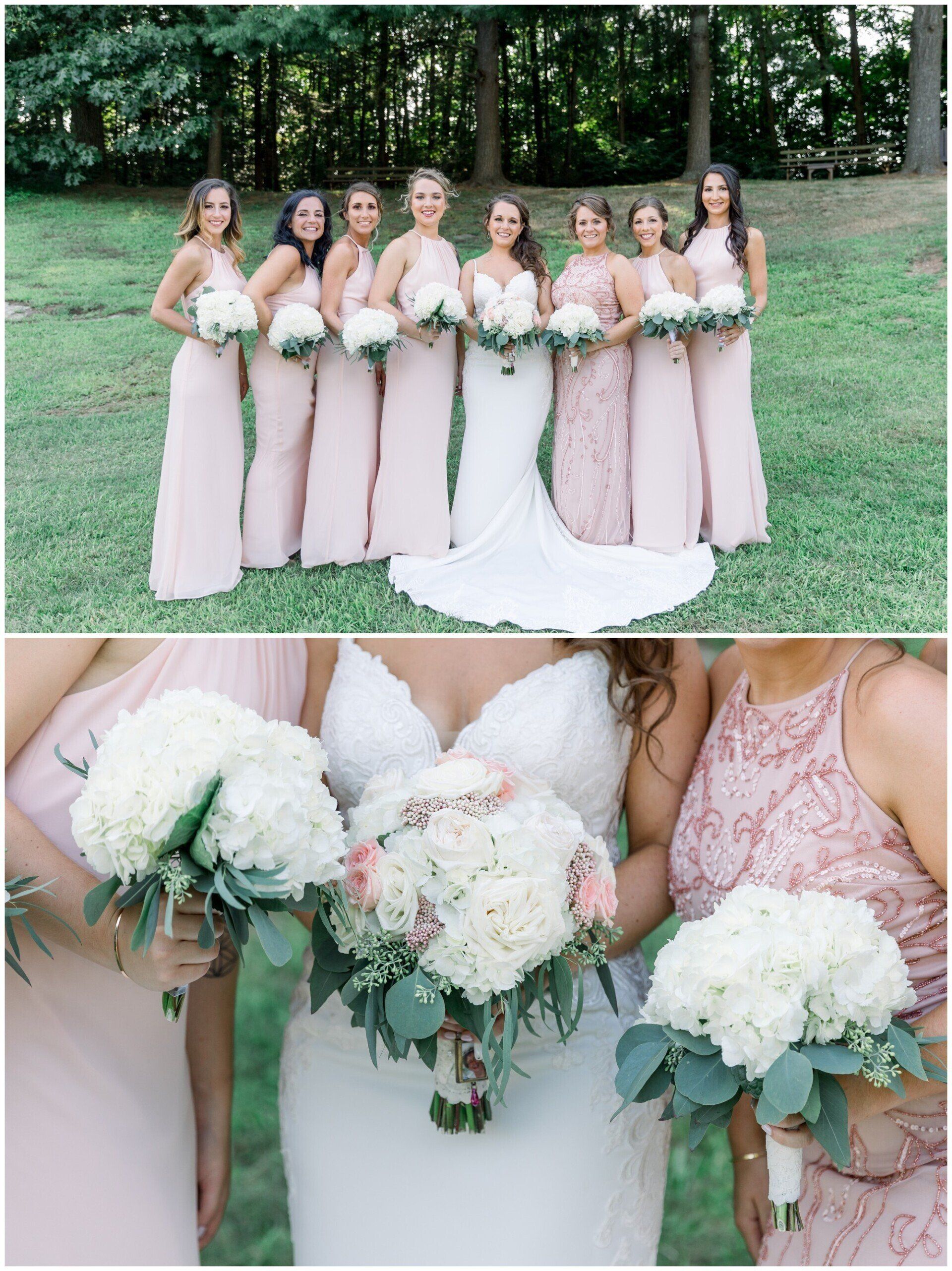 Bridesmaids in blush dresses holding white bouquets at an outdoor wedding ceremony