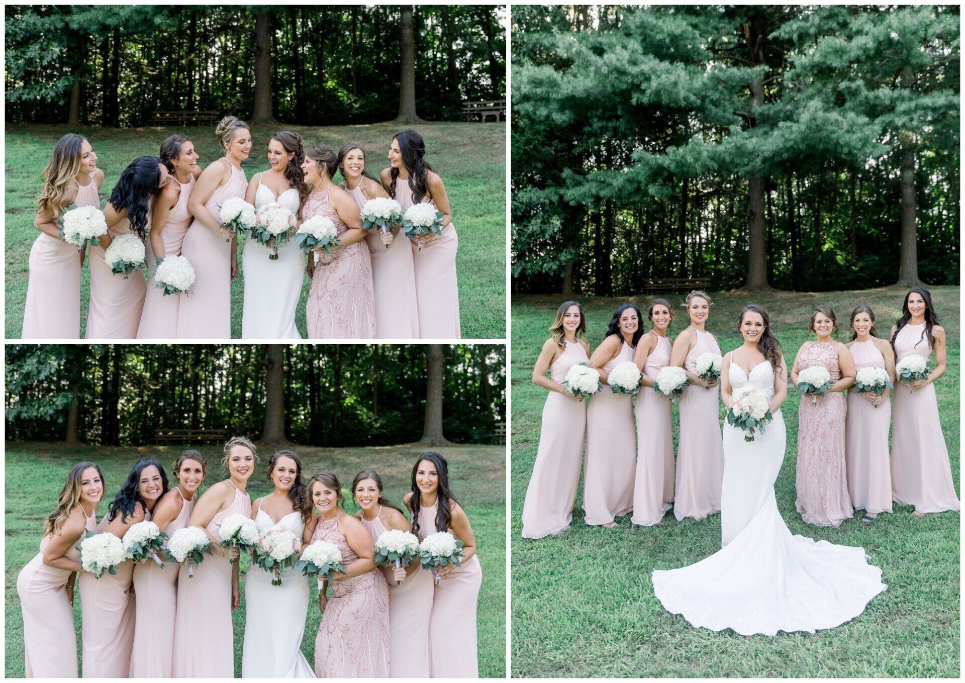 Bridesmaids in blush dresses and a bride in white pose with bouquets at an outdoor wedding.