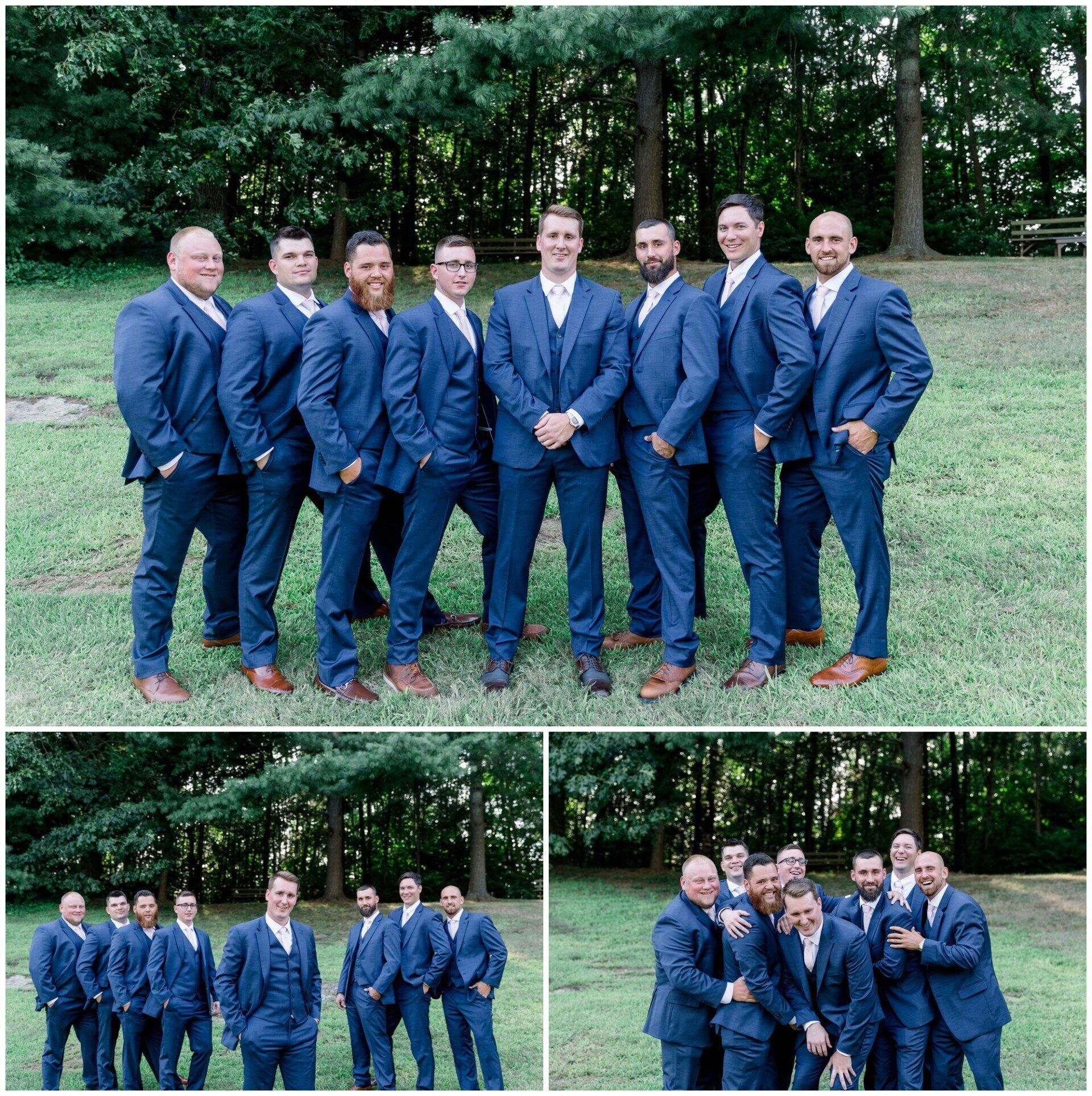 Group of men in matching blue suits posing outdoors in a park; three group shots in a collage.