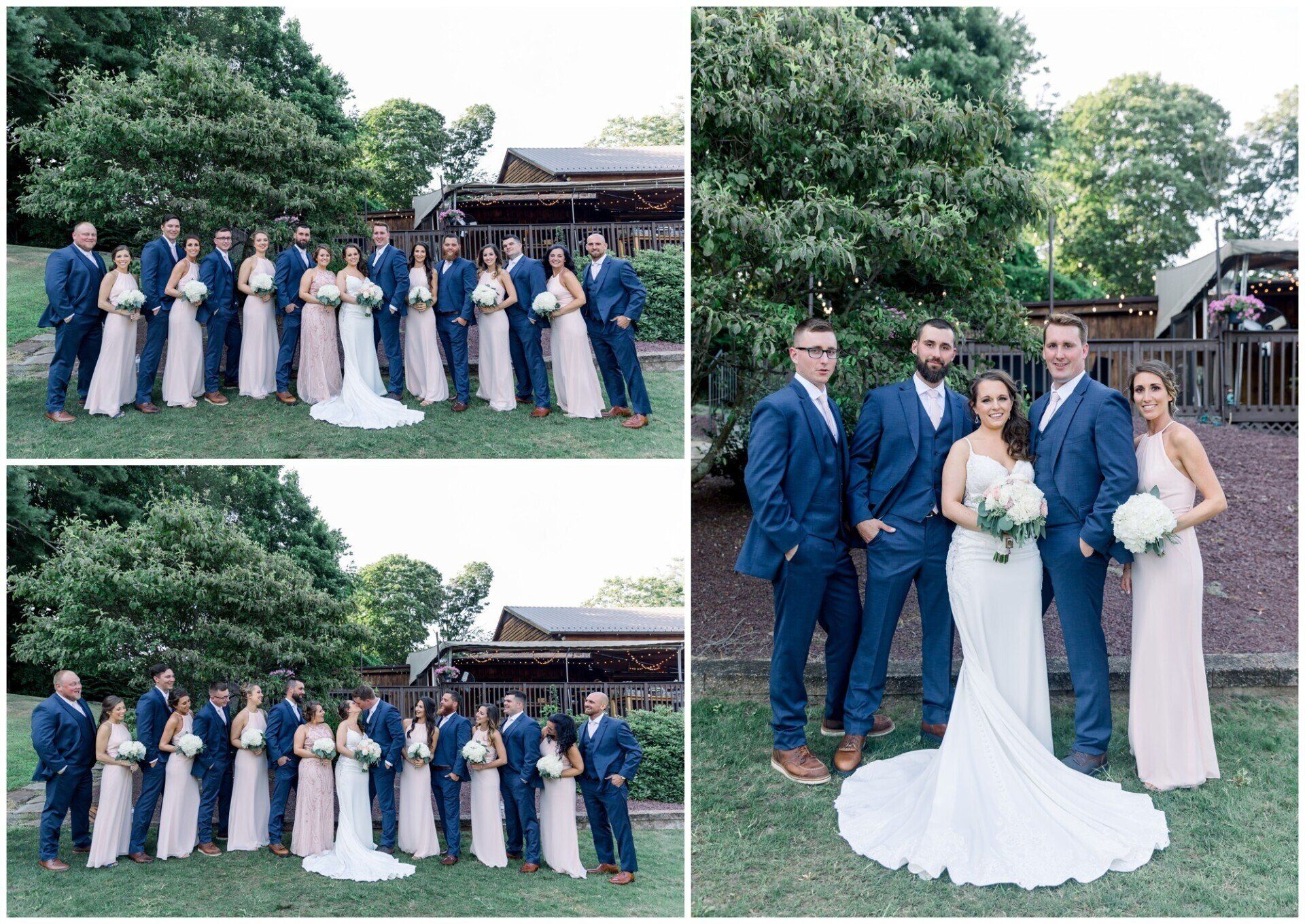 Wedding party in blue and white poses outdoors by a garden gazebo.