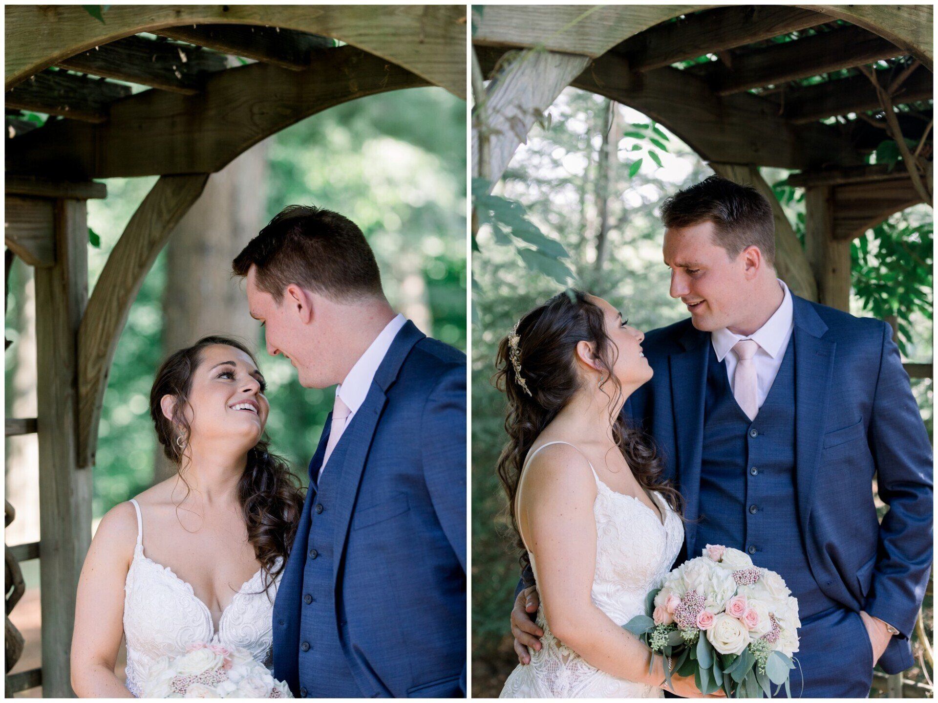 Bride and groom under a wooden gazebo, smiling at each other during their wedding portrait