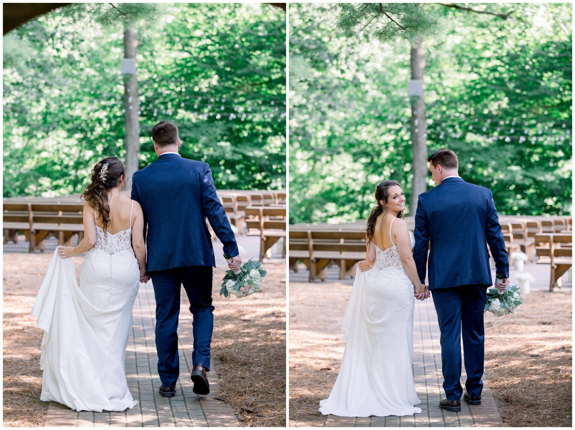 Bride and groom walking hand in hand outdoors, seen from behind, with a split before-and-after style view