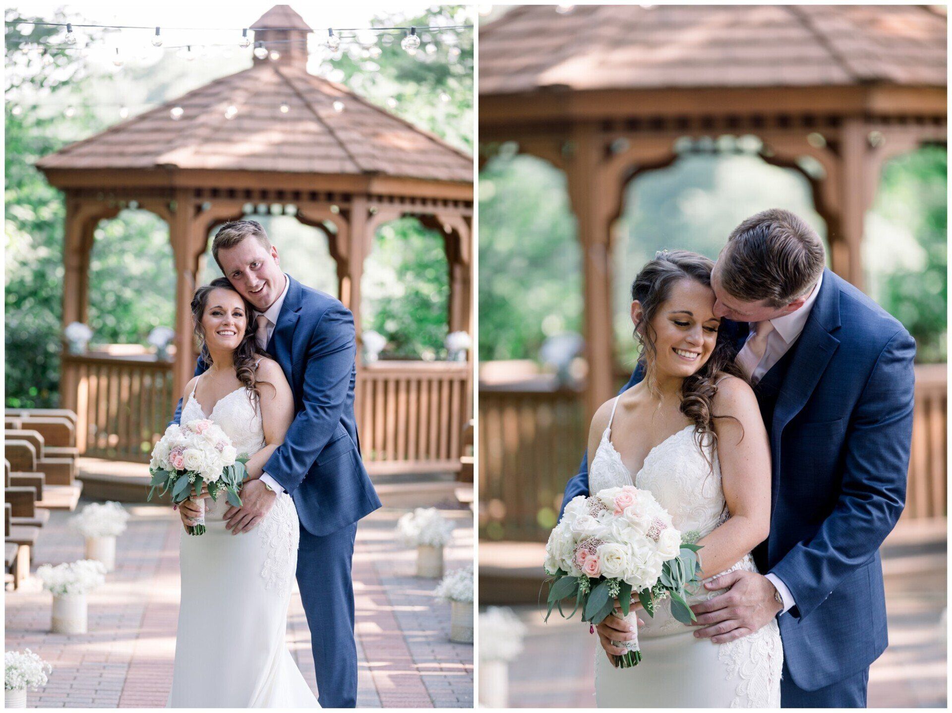 Bride and groom embracing in a gazebo, holding a white bouquet at an outdoor wedding.