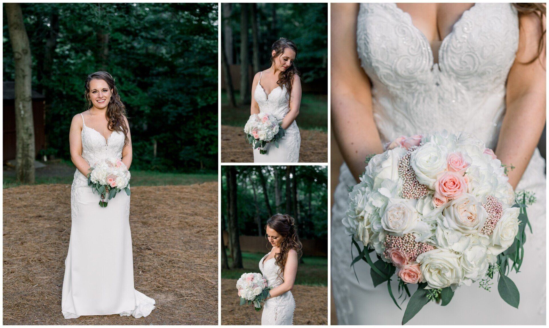 Bride in white gown holding a pastel bouquet in a forest setting.
