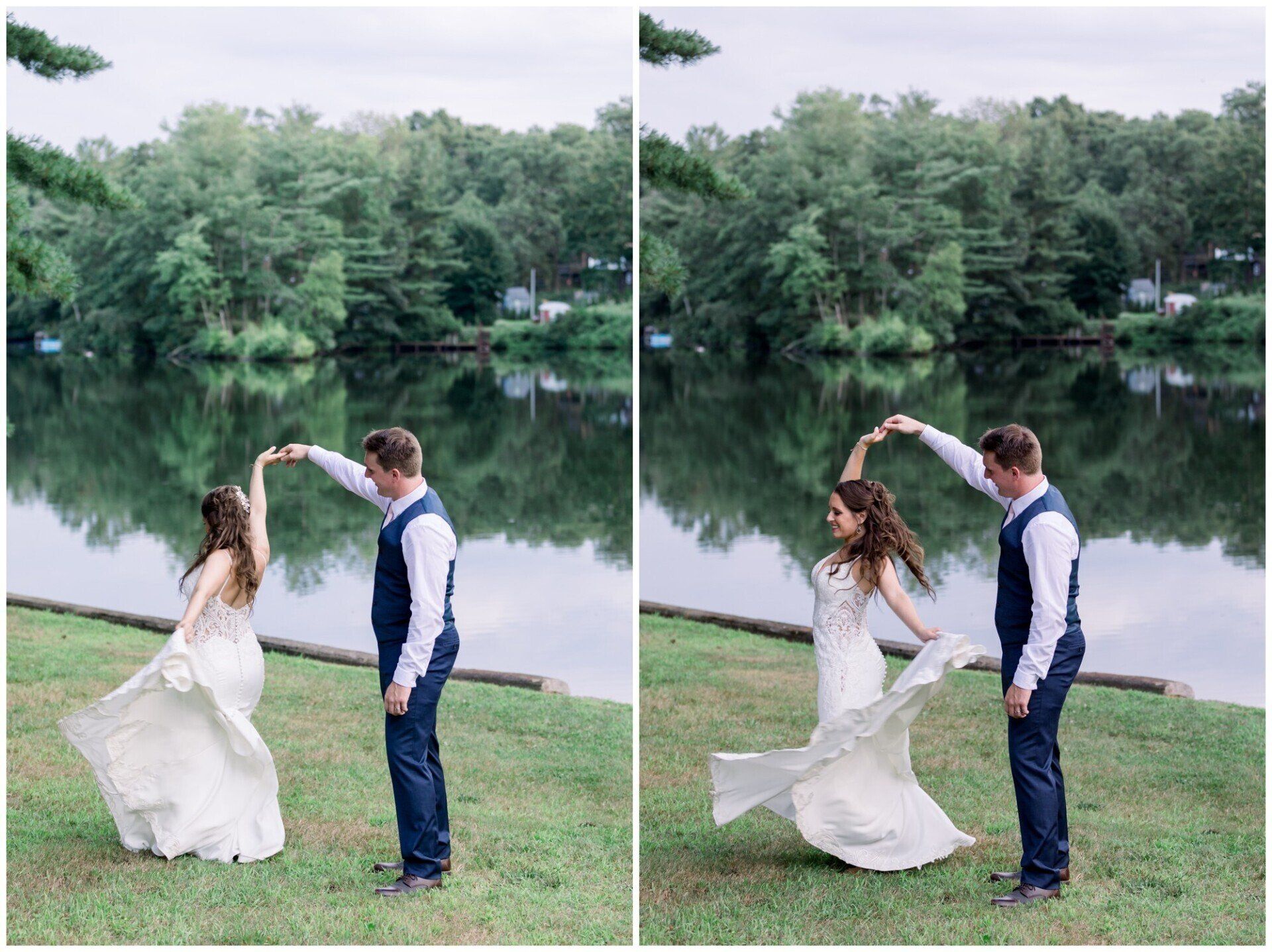 Couple dancing by a lake, with the bride twirling in a white dress and the groom in a vest and jeans.