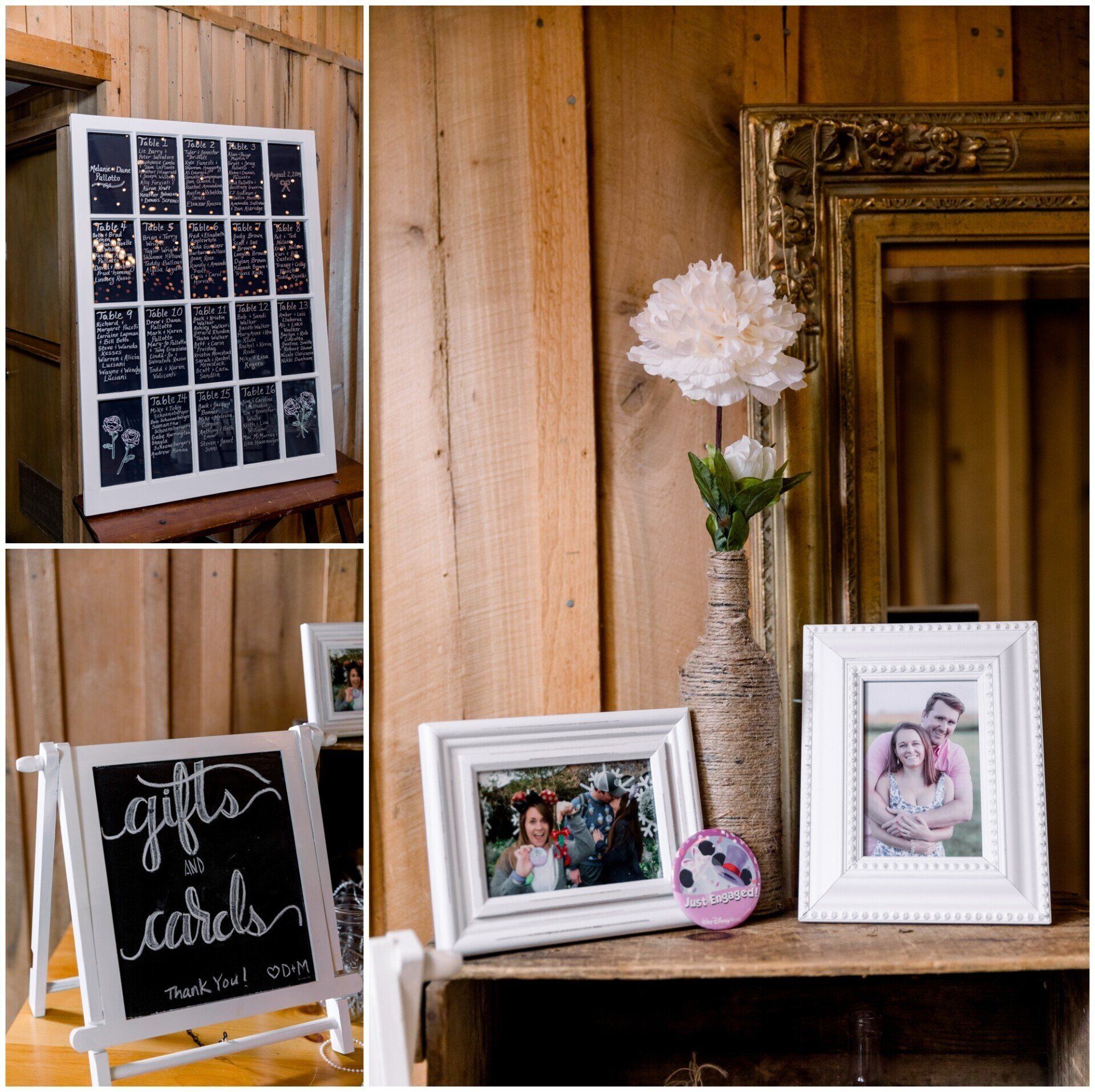 Rustic shelf with framed photos, white flowers, and a chalkboard sign against a wooden wall