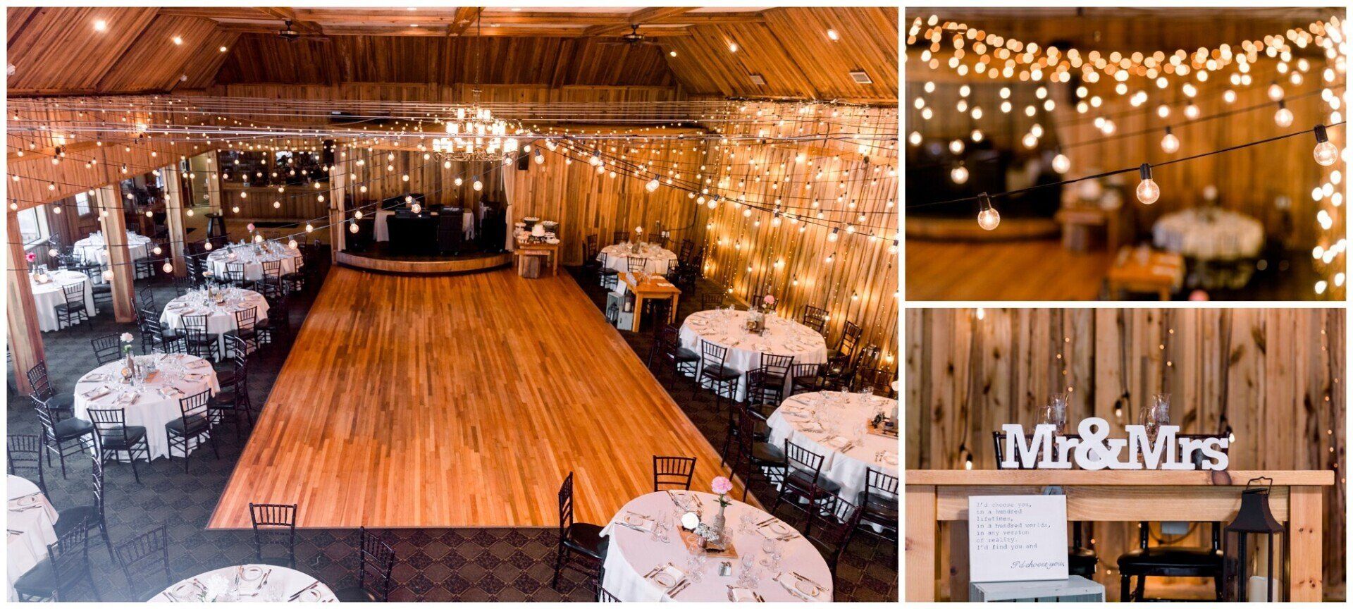 Barn venue with long wooden floor, round tables, string lights, and an M&Ms sign at the bar