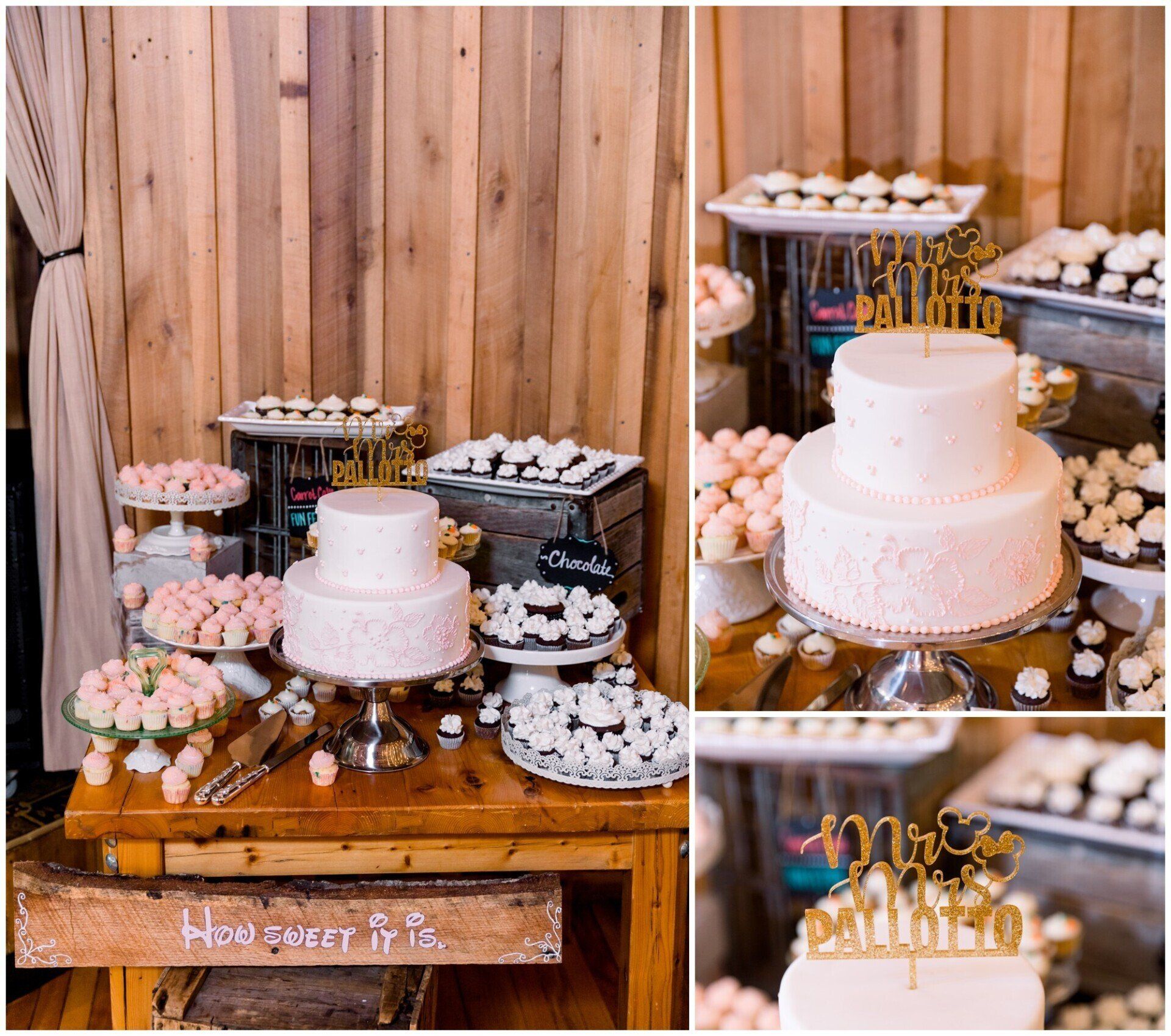 White wedding cake dessert table with pink floral cupcakes and gold topper against wood backdrop