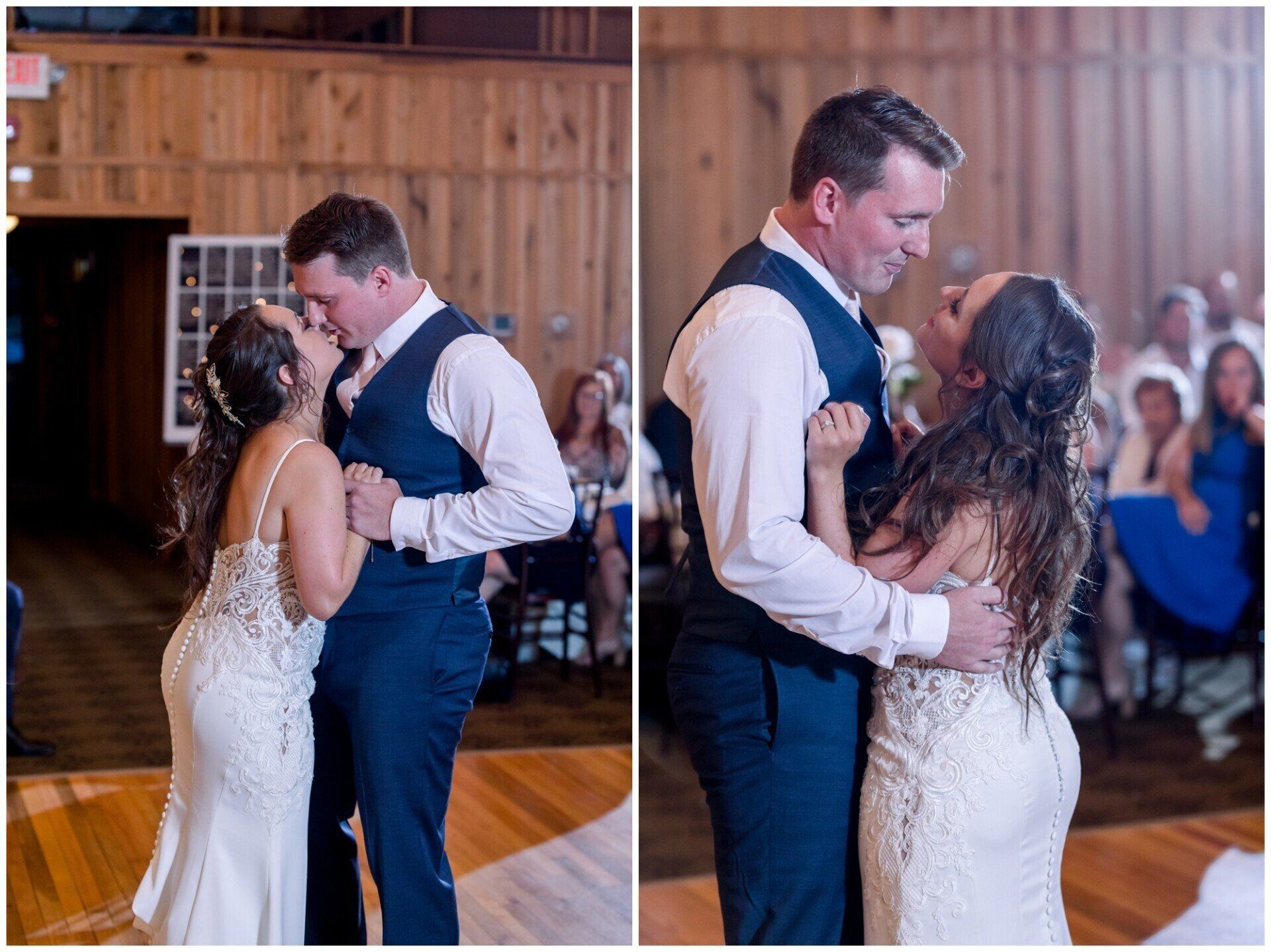 Wedding couple dancing closely in a wood-paneled reception hall, with guests seated in the background
