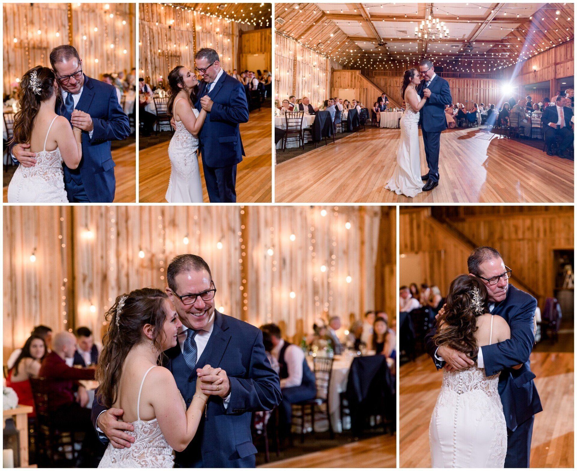 Wedding couple dancing and embracing in a warmly lit reception hall, shown in a photo collage