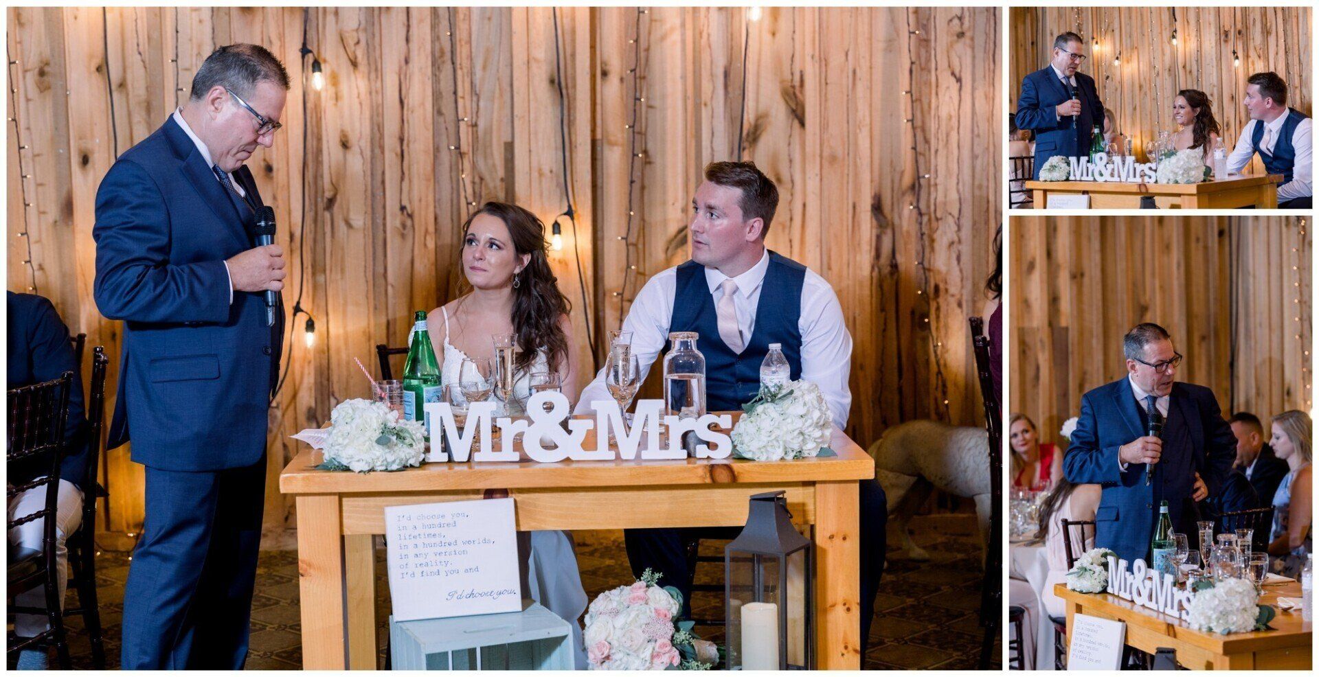 Vendor booth with M&M’s sign; a man speaks to two seated people at a wooden table with candy displays.