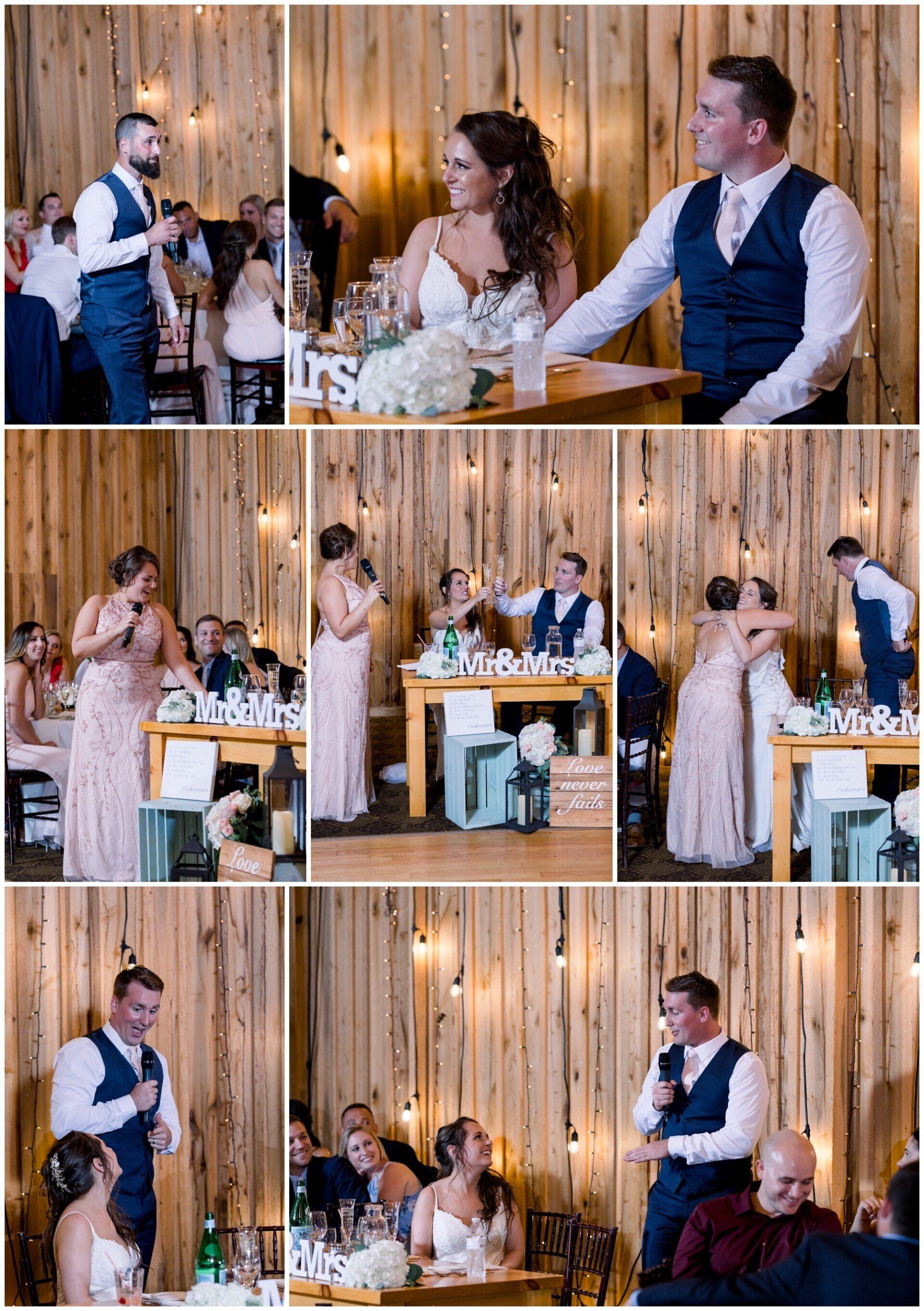 Wedding reception collage with bride and groom at a rustic wooden venue, guests seated at decorated tables.