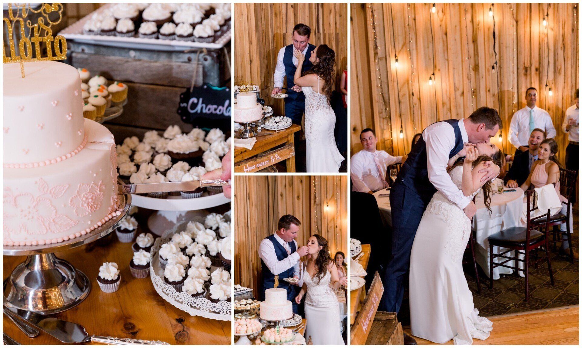 Wedding reception collage with cake, cupcakes, and a couple sharing a kiss during the celebration