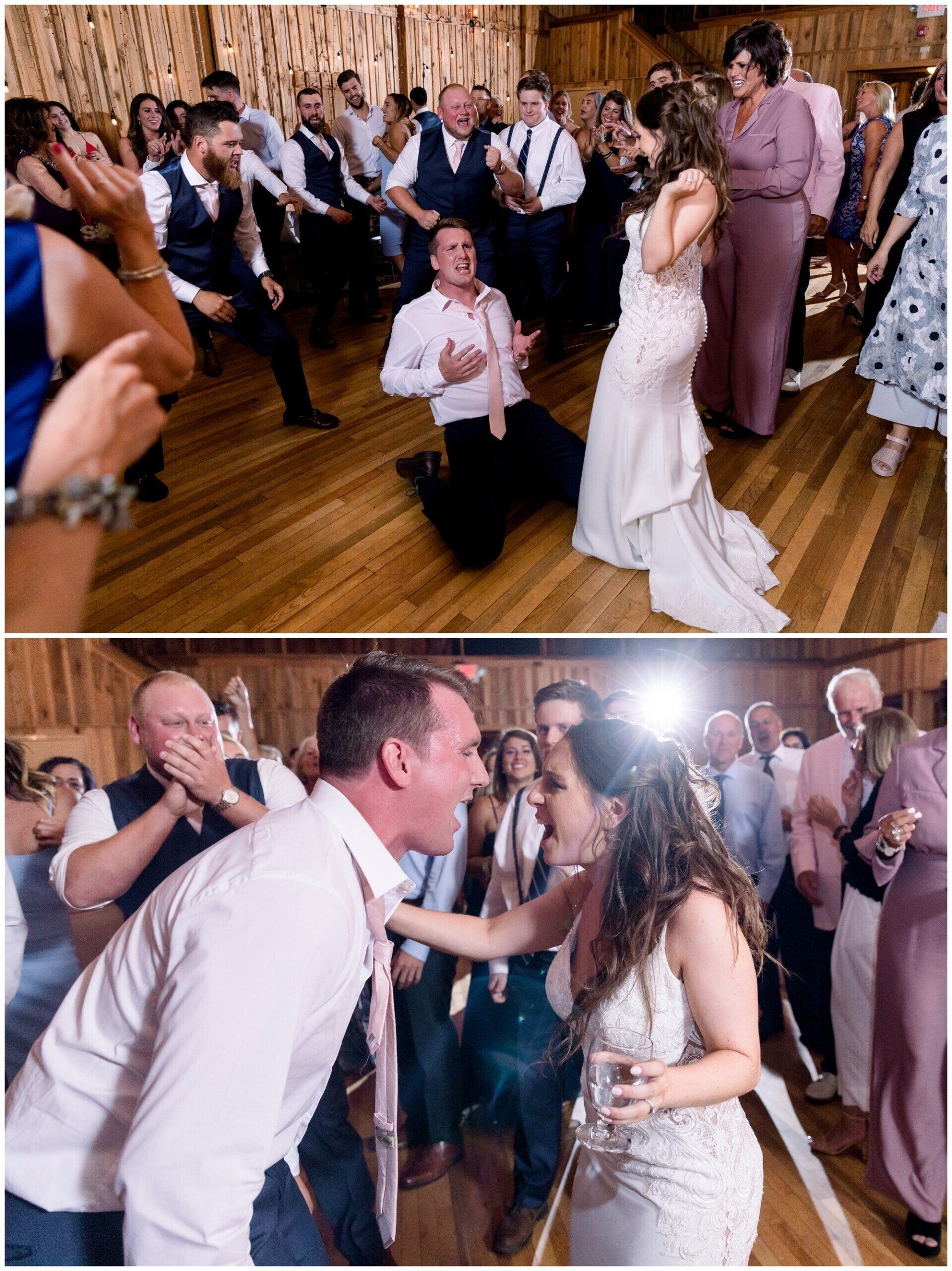 Wedding dance floor with a kneeling man proposing amid cheering guests and a bride in a white dress