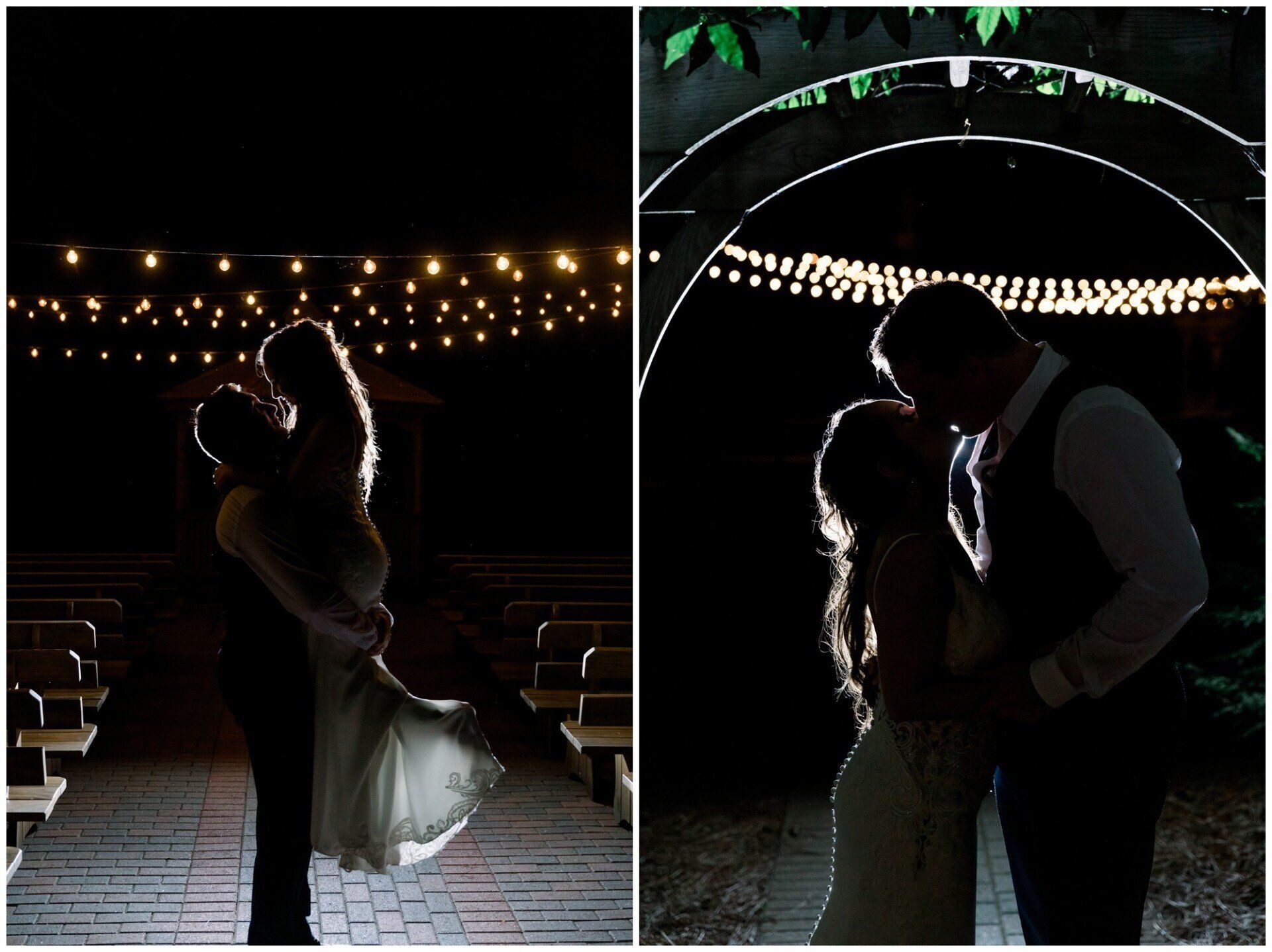 Backlit couple dancing and kissing under string lights at night