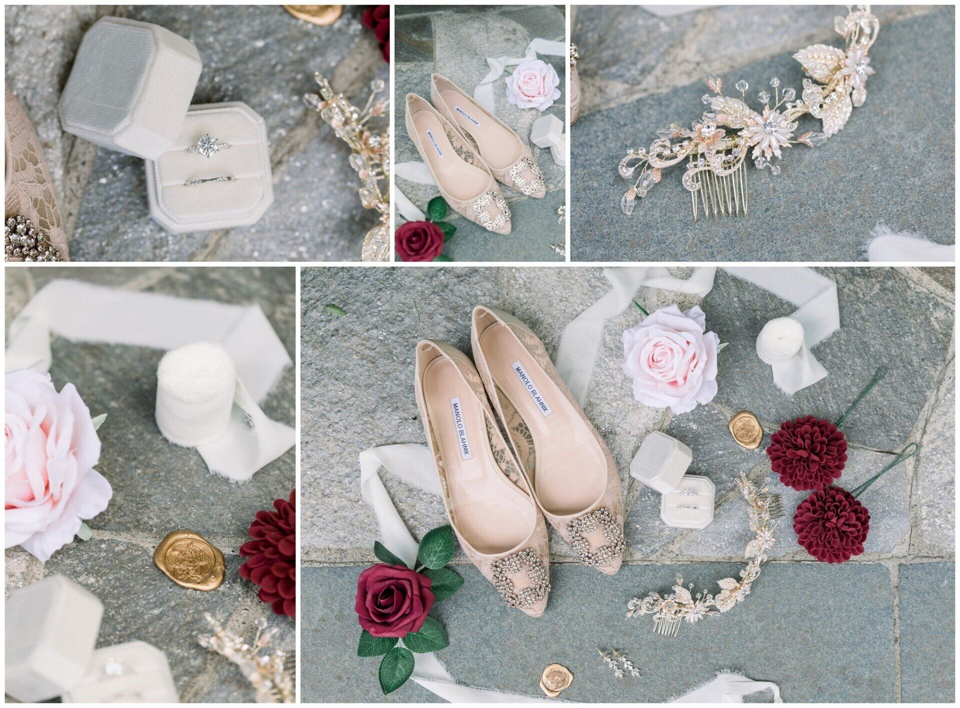 Wedding flat lay with beige heels, white candles, red roses, rings, and lace on a marble surface