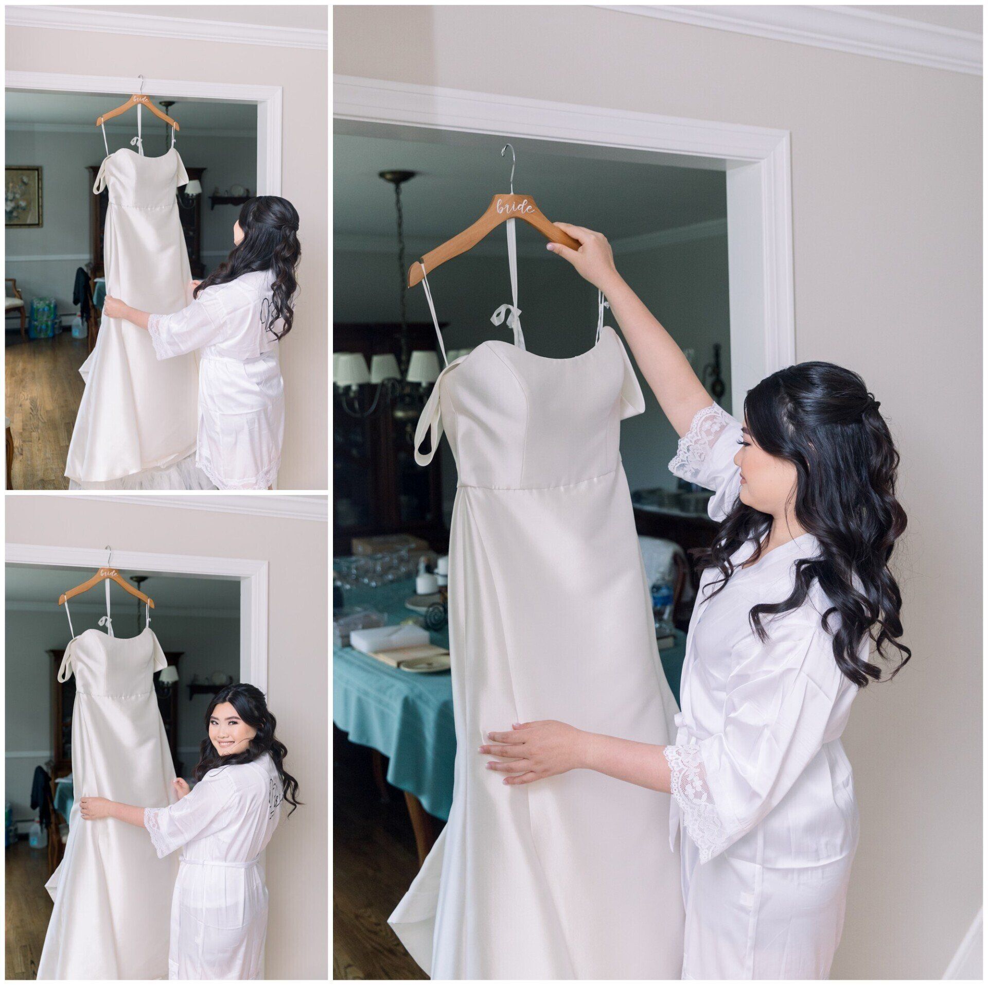 Woman adjusting a white dress on a hanger in a doorway, shown in a three-panel collage