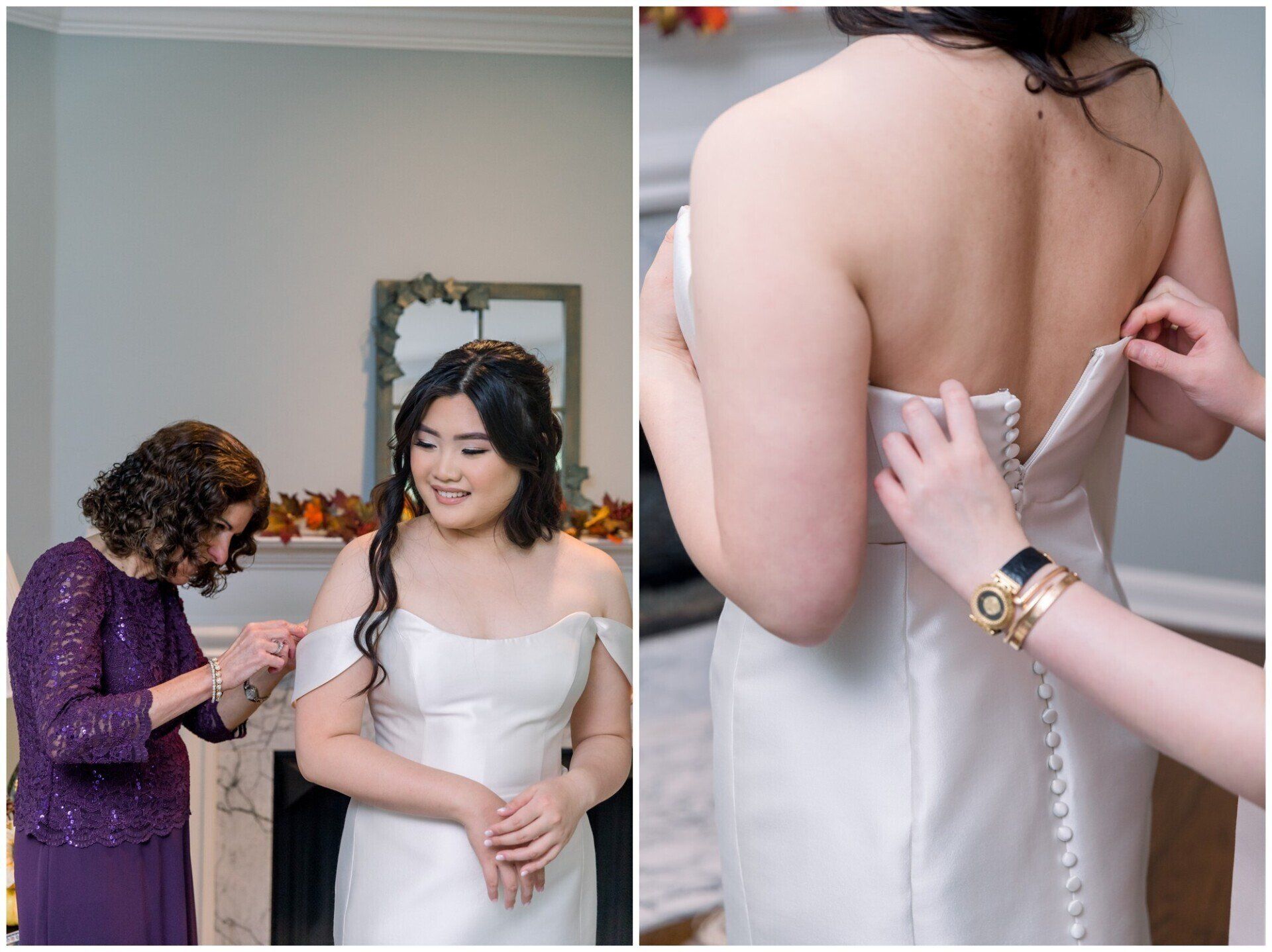 Woman being buttoned into a white dress by an assistant in a bright room, with a close-up of the back fastening.