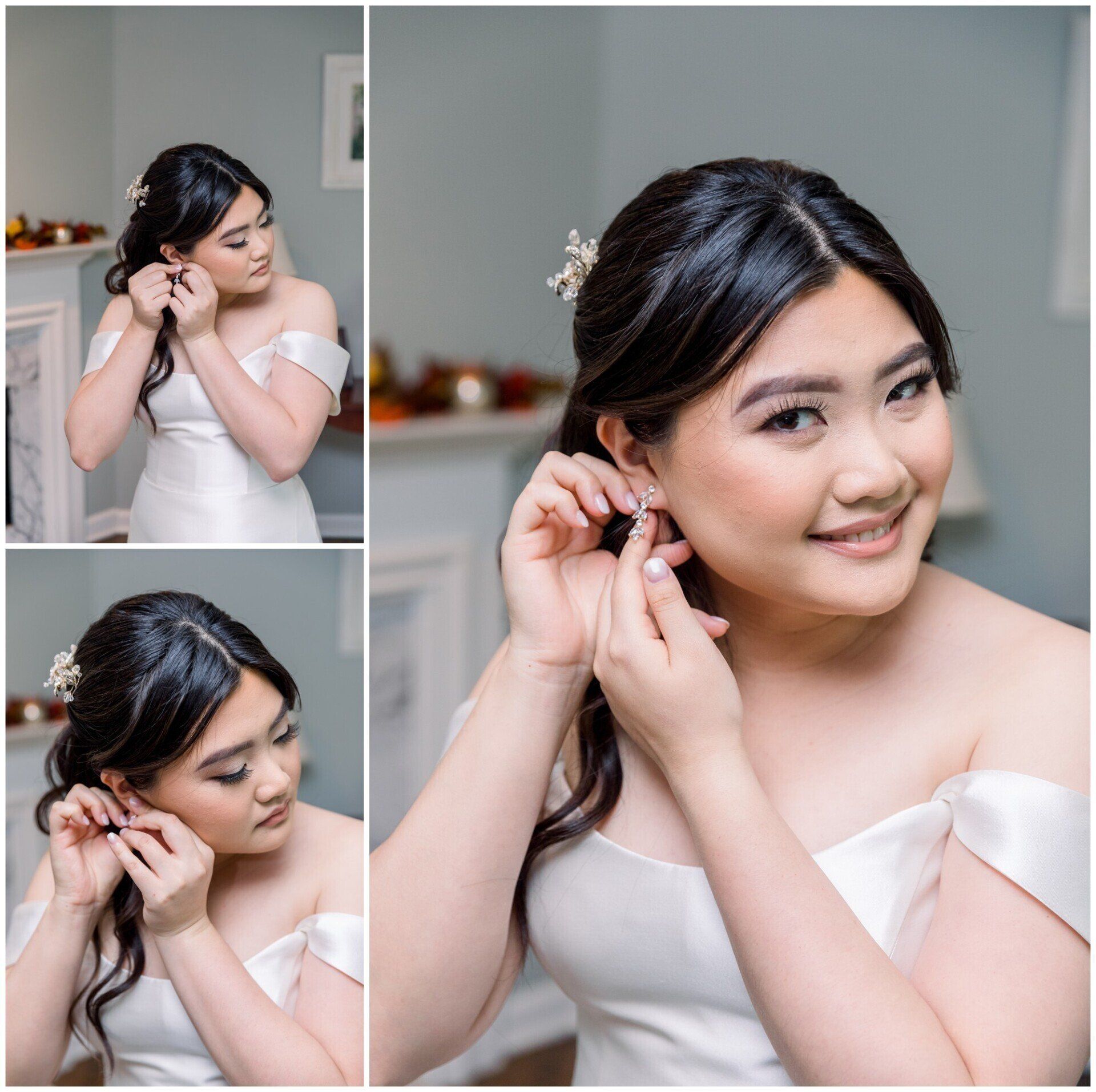 Woman in white dress adjusting earrings, shown in a three-panel makeup portrait.