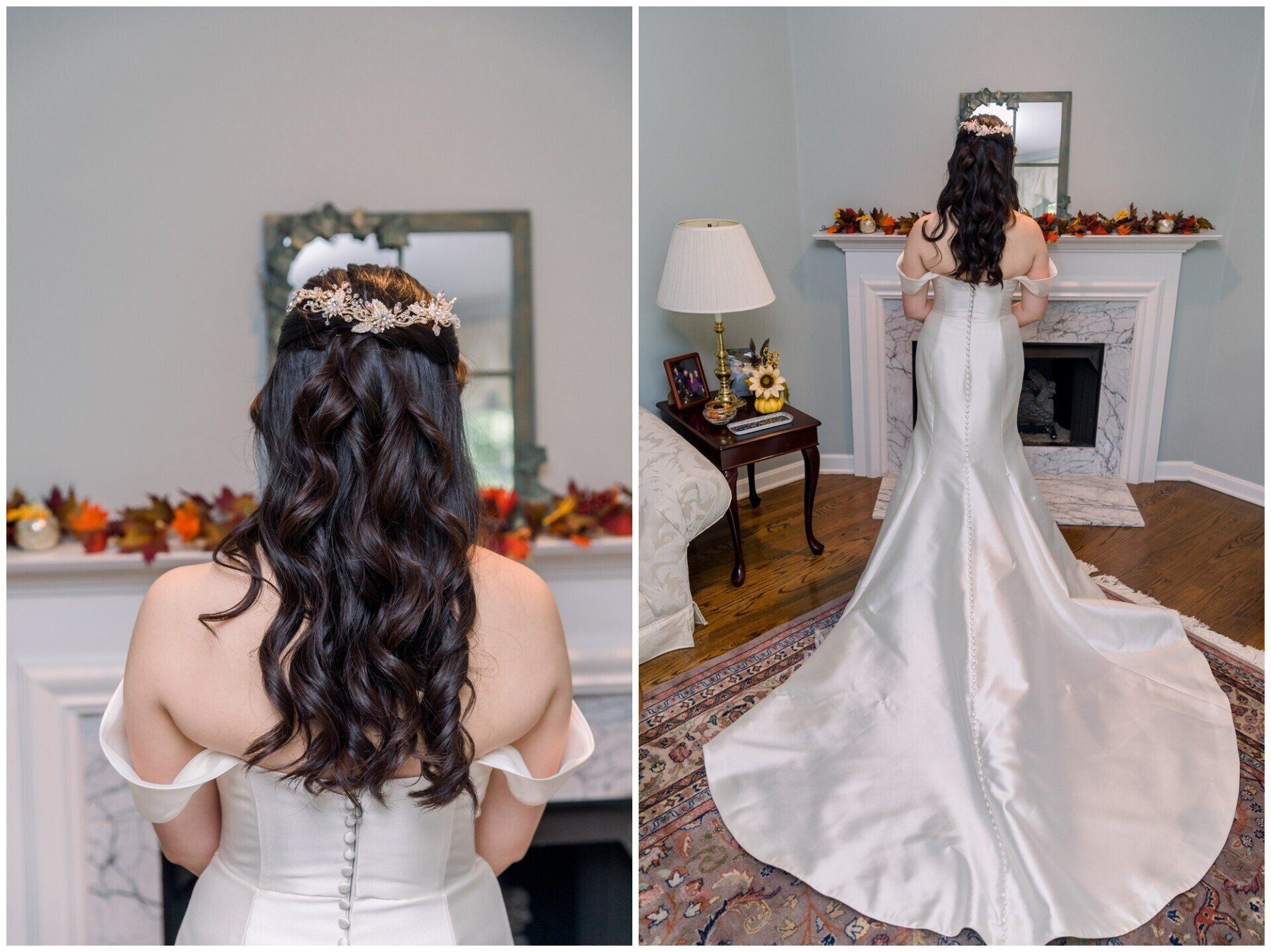 Bride in white gown viewed from back, standing by a fireplace in a decorated room