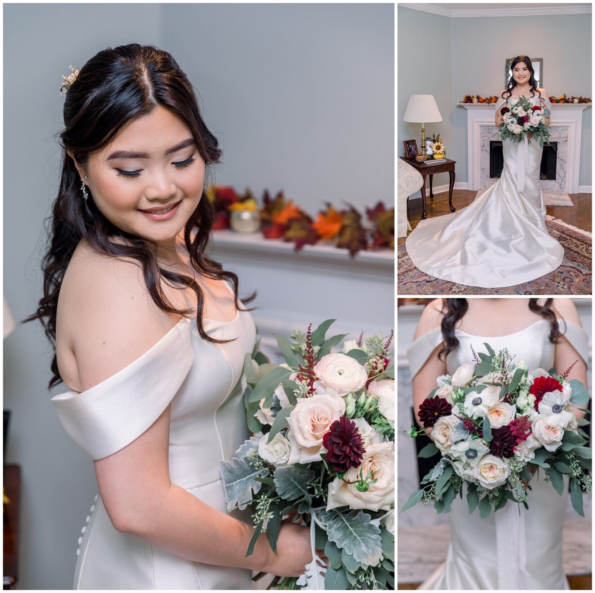 Bride in white gown holding a bouquet, with bridal portraits and a close-up of the flowers.