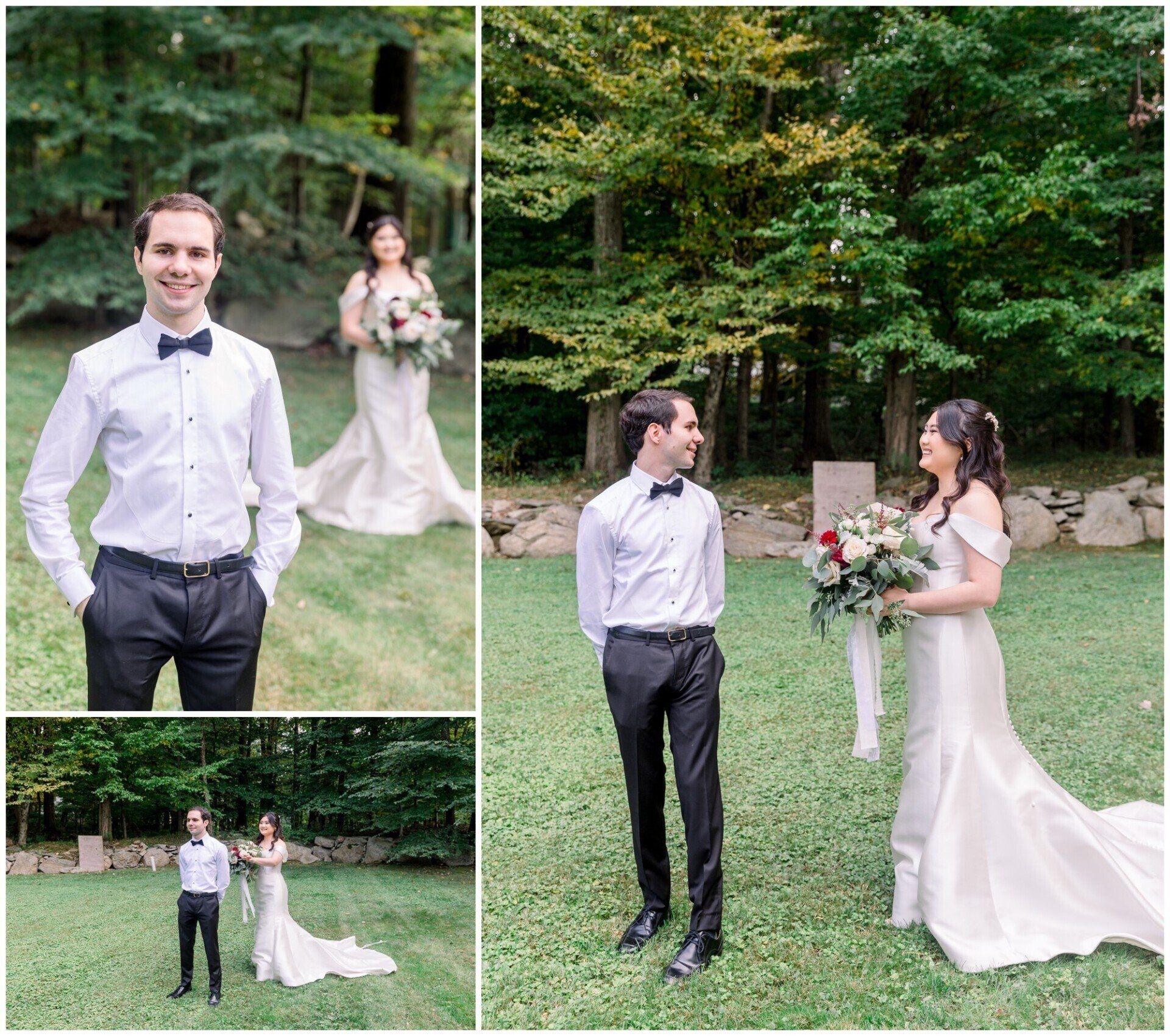 Wedding couple posing outdoors in a green park, with the bride holding a bouquet and groom in a bow tie.
