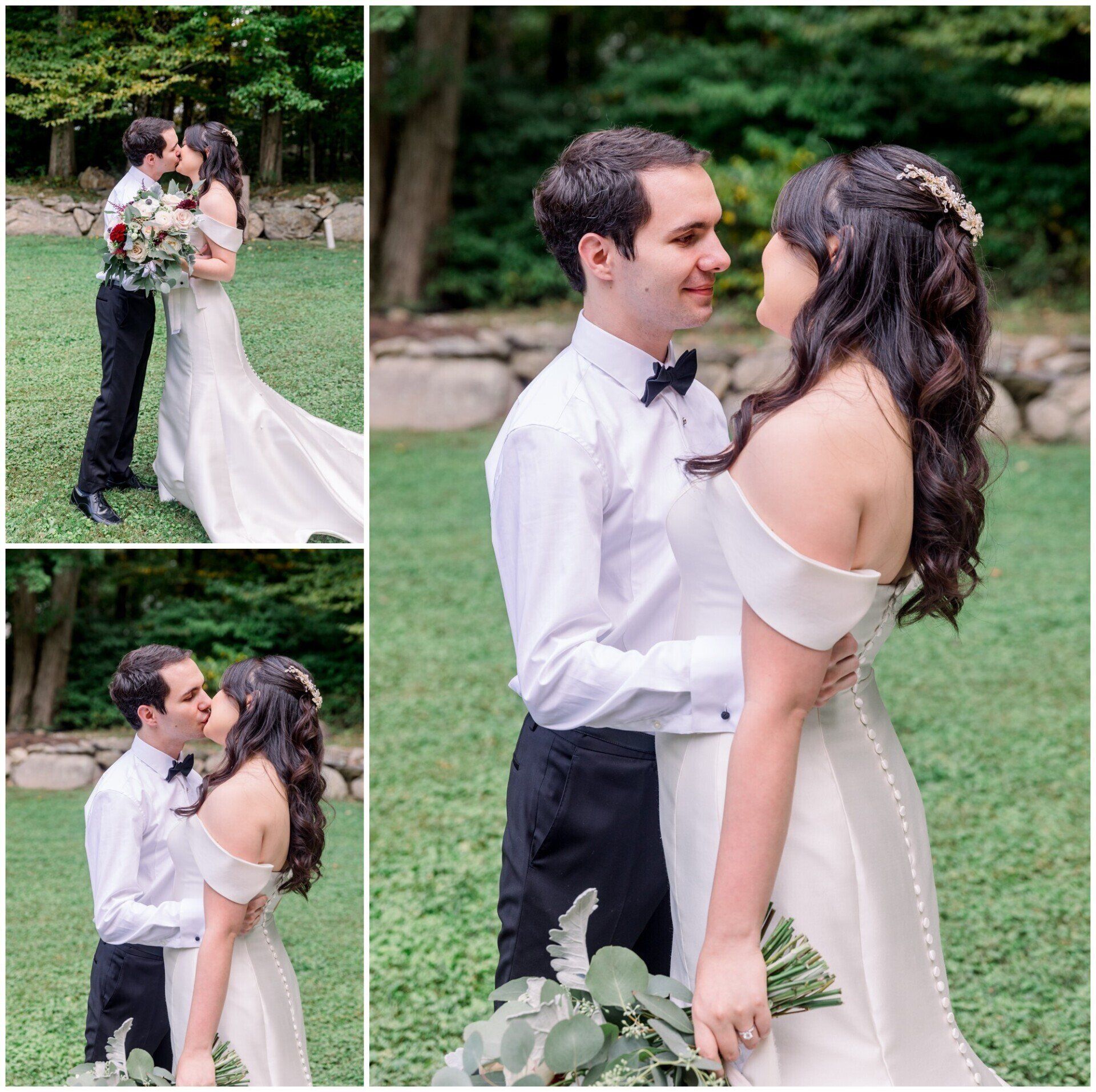 Bride and groom embracing outdoors on a lawn, with close-up and full-body wedding photos in a collage