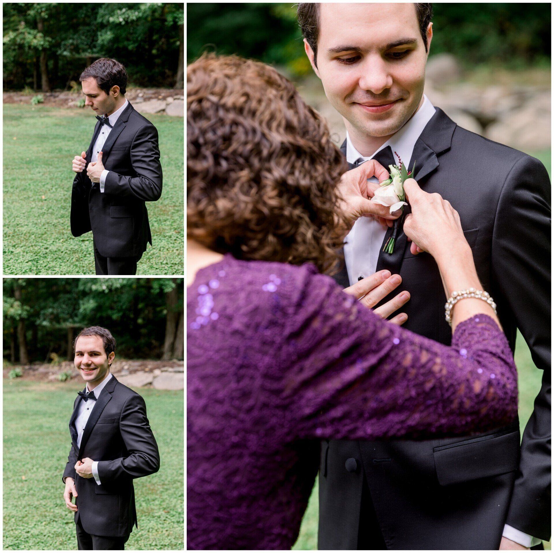 Wedding guest adjusting boutonniere on groom’s dark suit outdoors, with smiling close-ups in a photo collage.