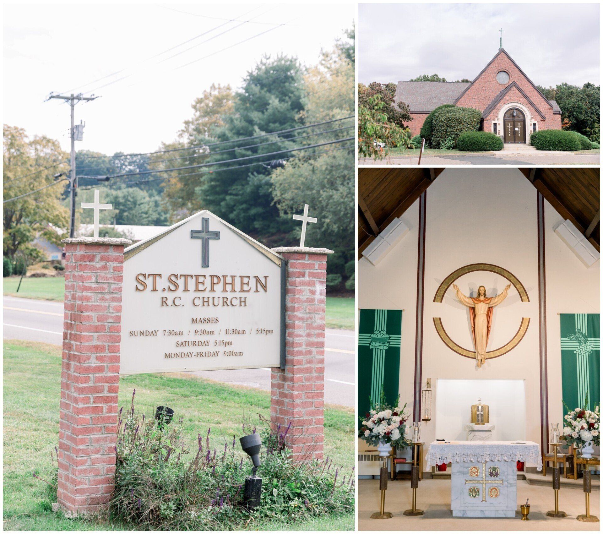 St. Stephen church sign, brick chapel exterior, and altar with gold cross inside chapel collage