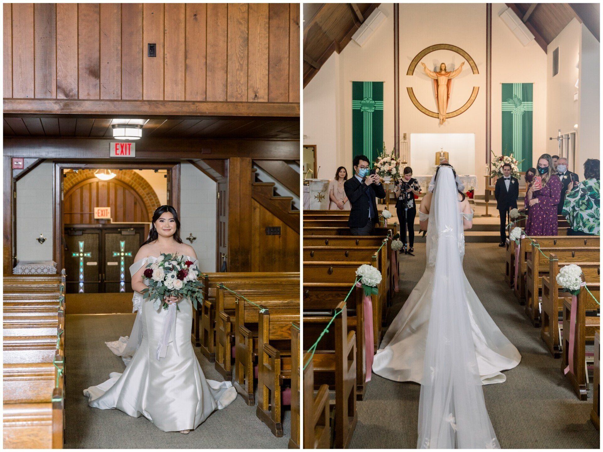 Bride in white gown holding bouquet in a wooden church aisle, facing altar during wedding ceremony