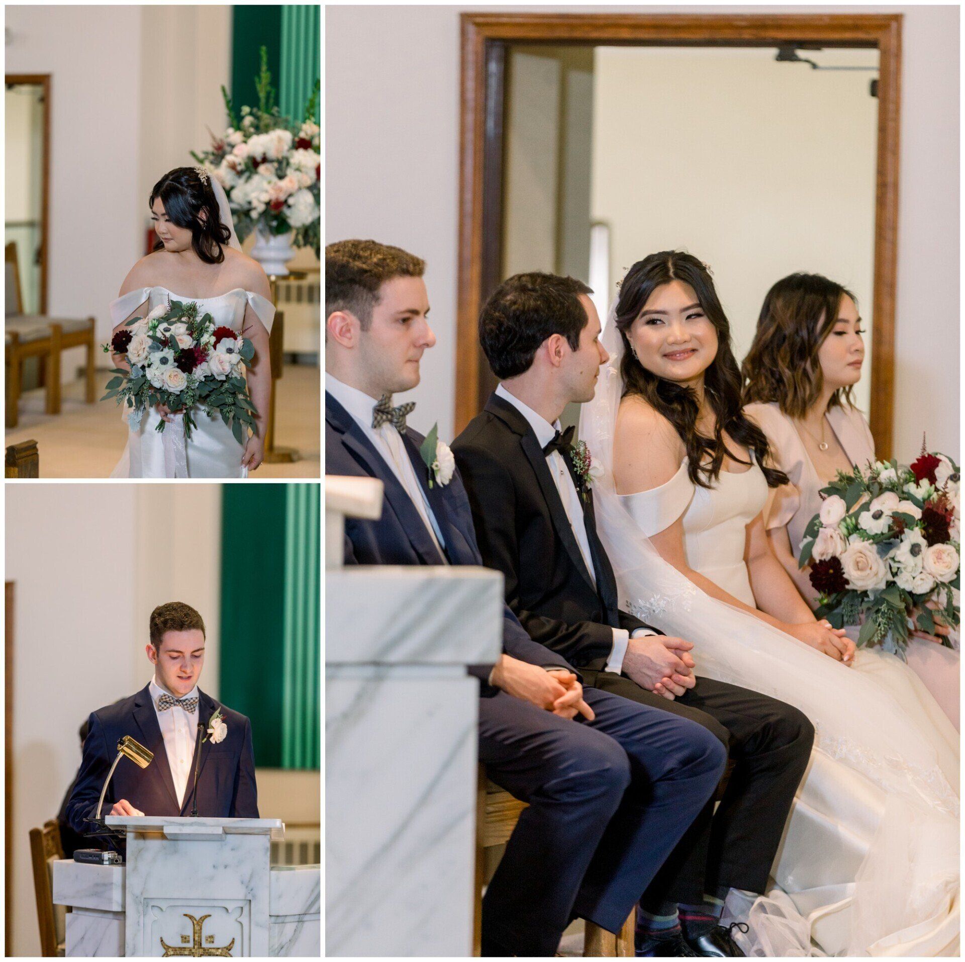 Wedding collage: bride and groom at ceremony, bride smiling with bouquet, groom at lectern, guests seated nearby