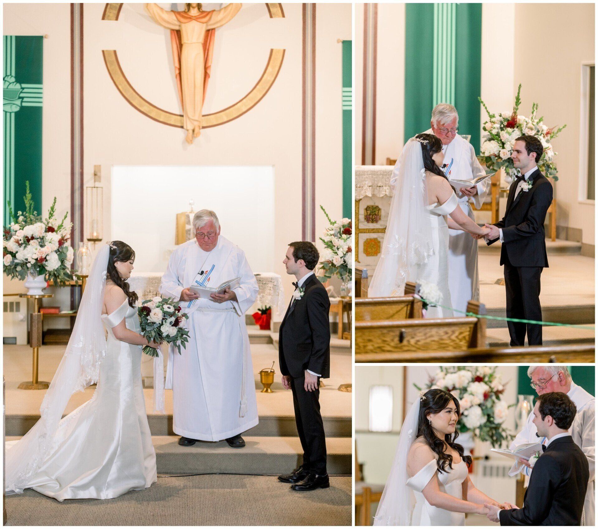 Bride and groom exchange vows in a church with a priest, flowers, and a crucifix backdrop