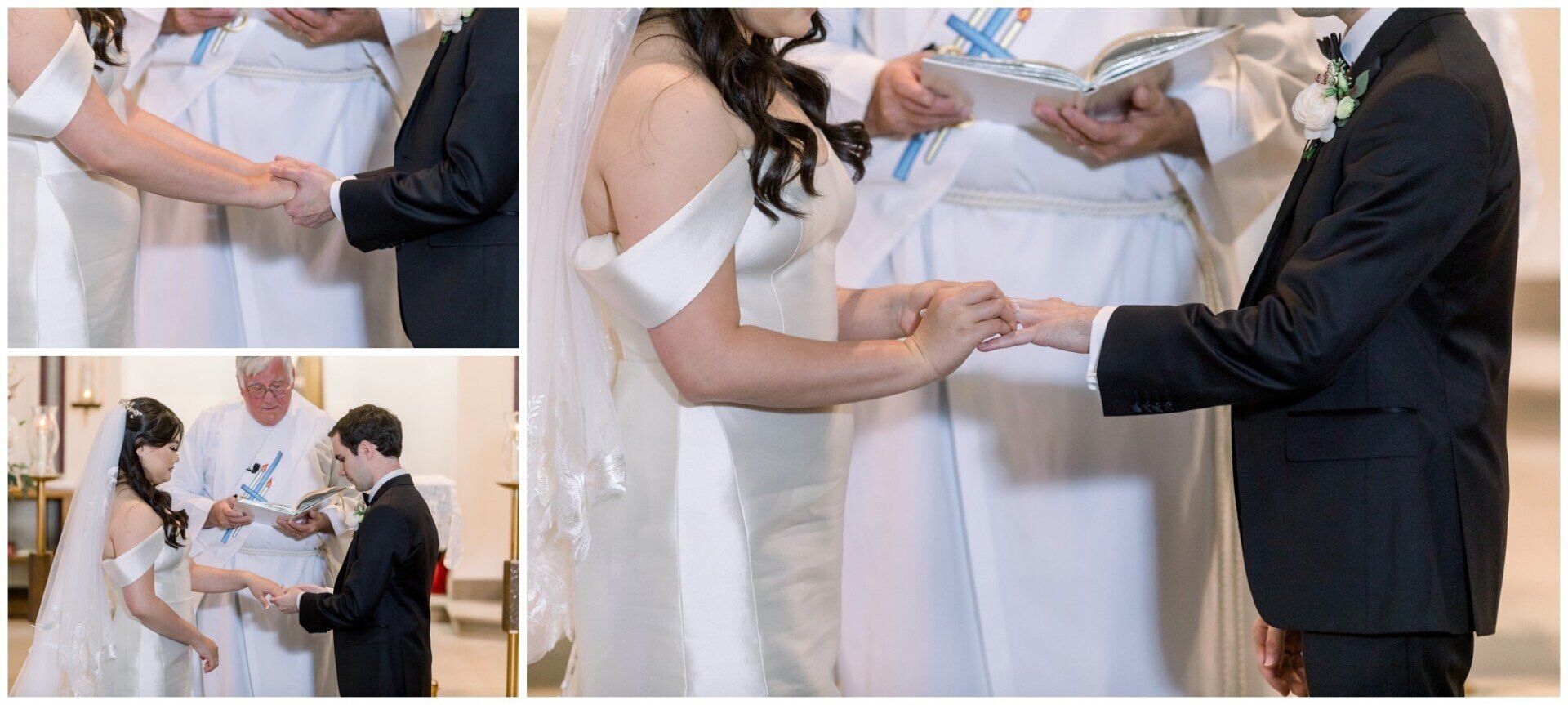 Bride and groom exchange rings during a wedding ceremony, with attendants nearby.