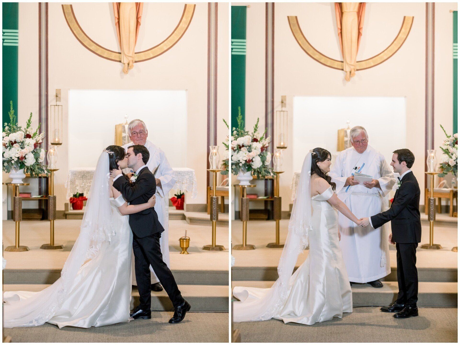 Wedding ceremony with couple exchanging vows before an officiant in a bright church altar setting
