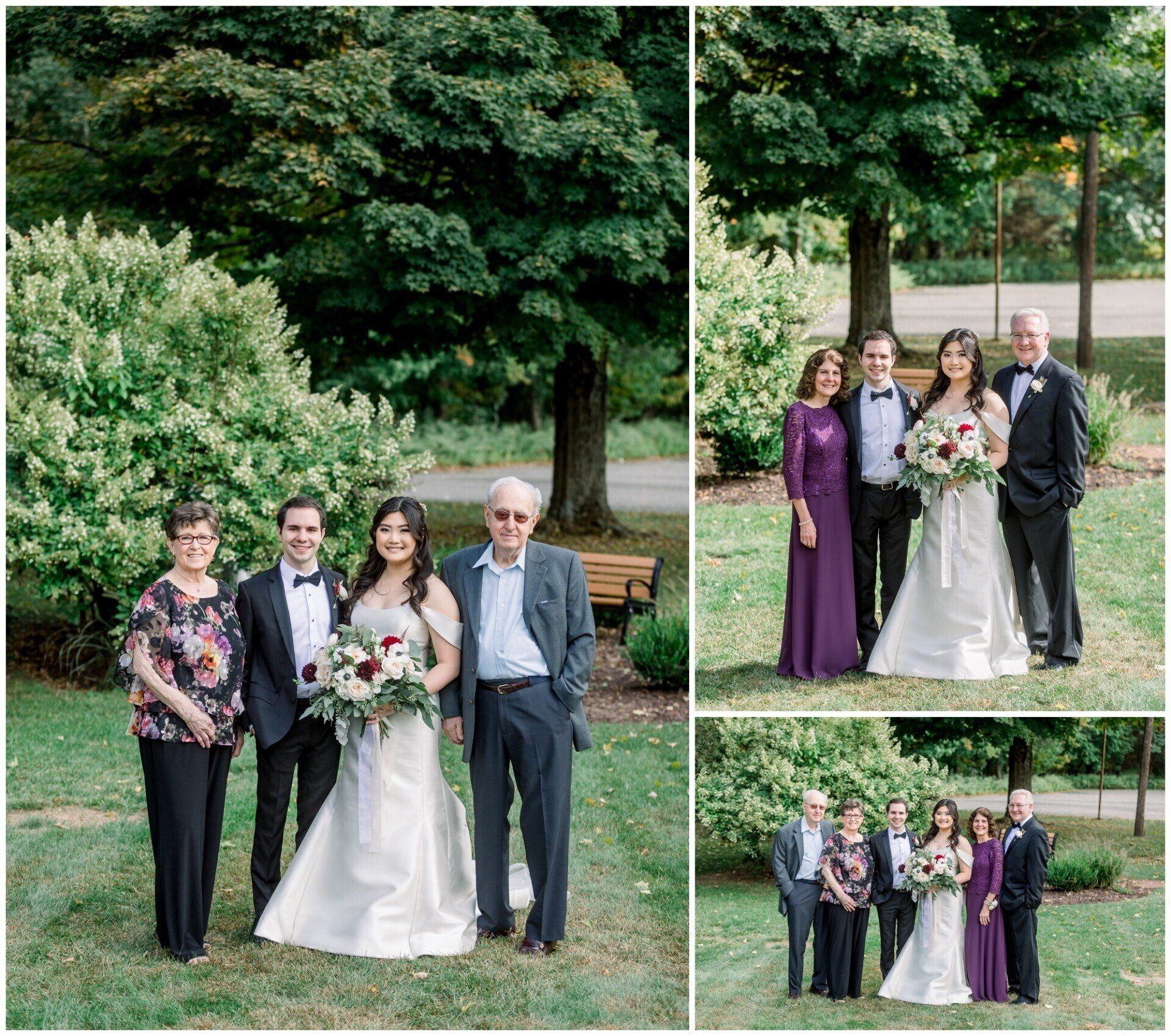 Wedding group posing outdoors in a park, with bride, groom, and family in formal attire