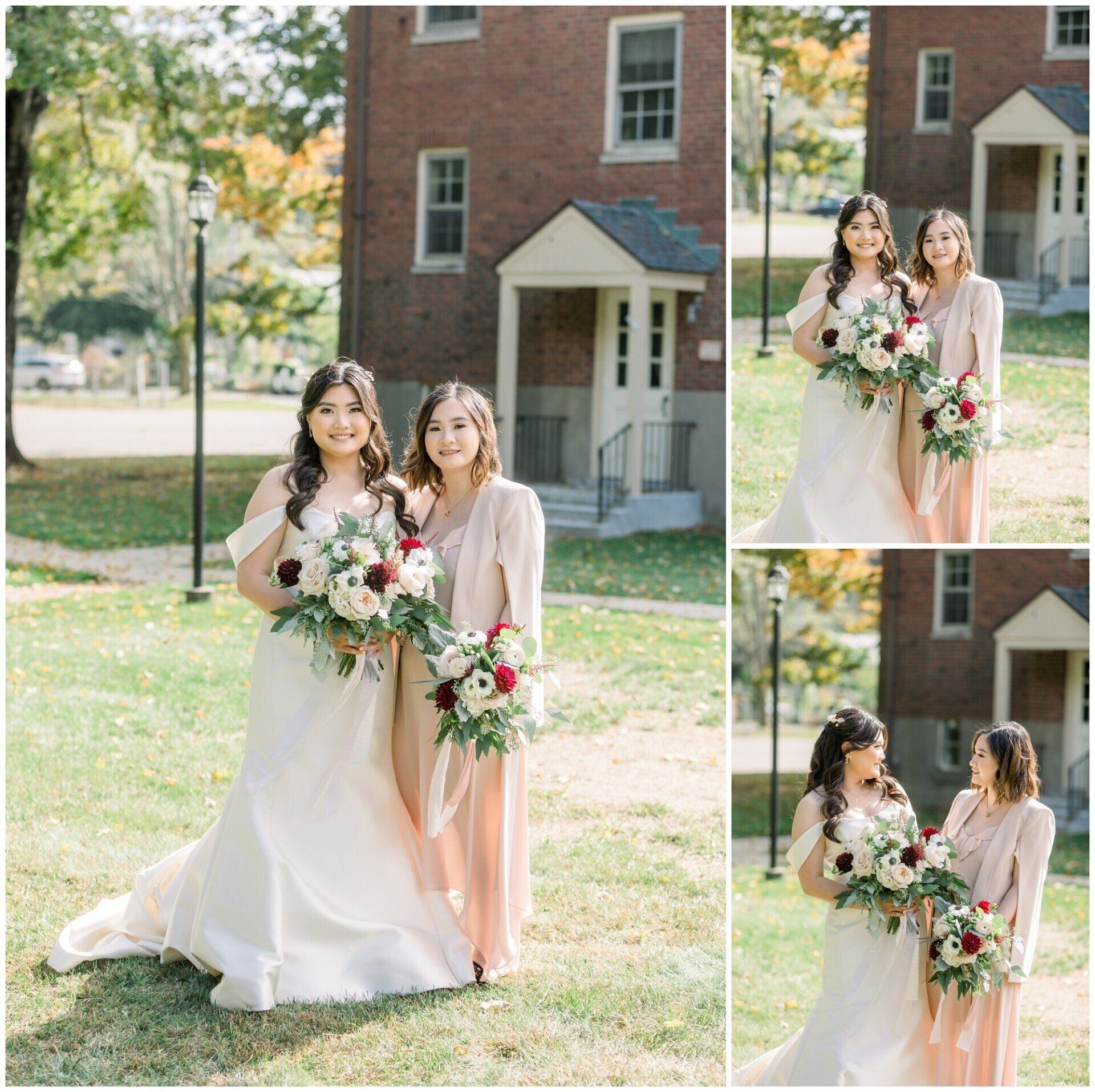 Two women in light dresses holding bouquets outside a brick building, posing for wedding photos