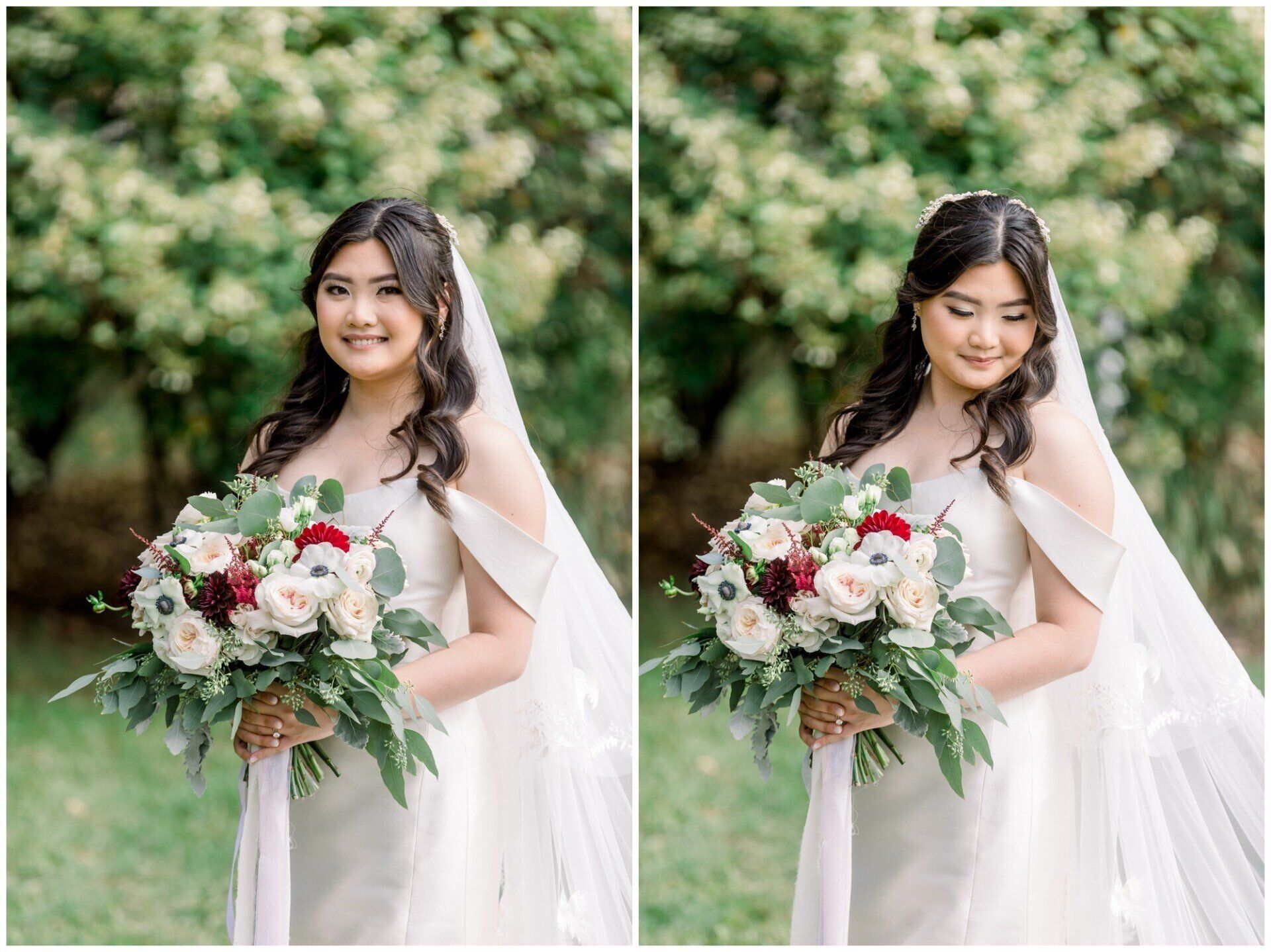 Bride in a white gown holding a bouquet of white and red flowers, smiling outdoors against a blurred green backdrop.