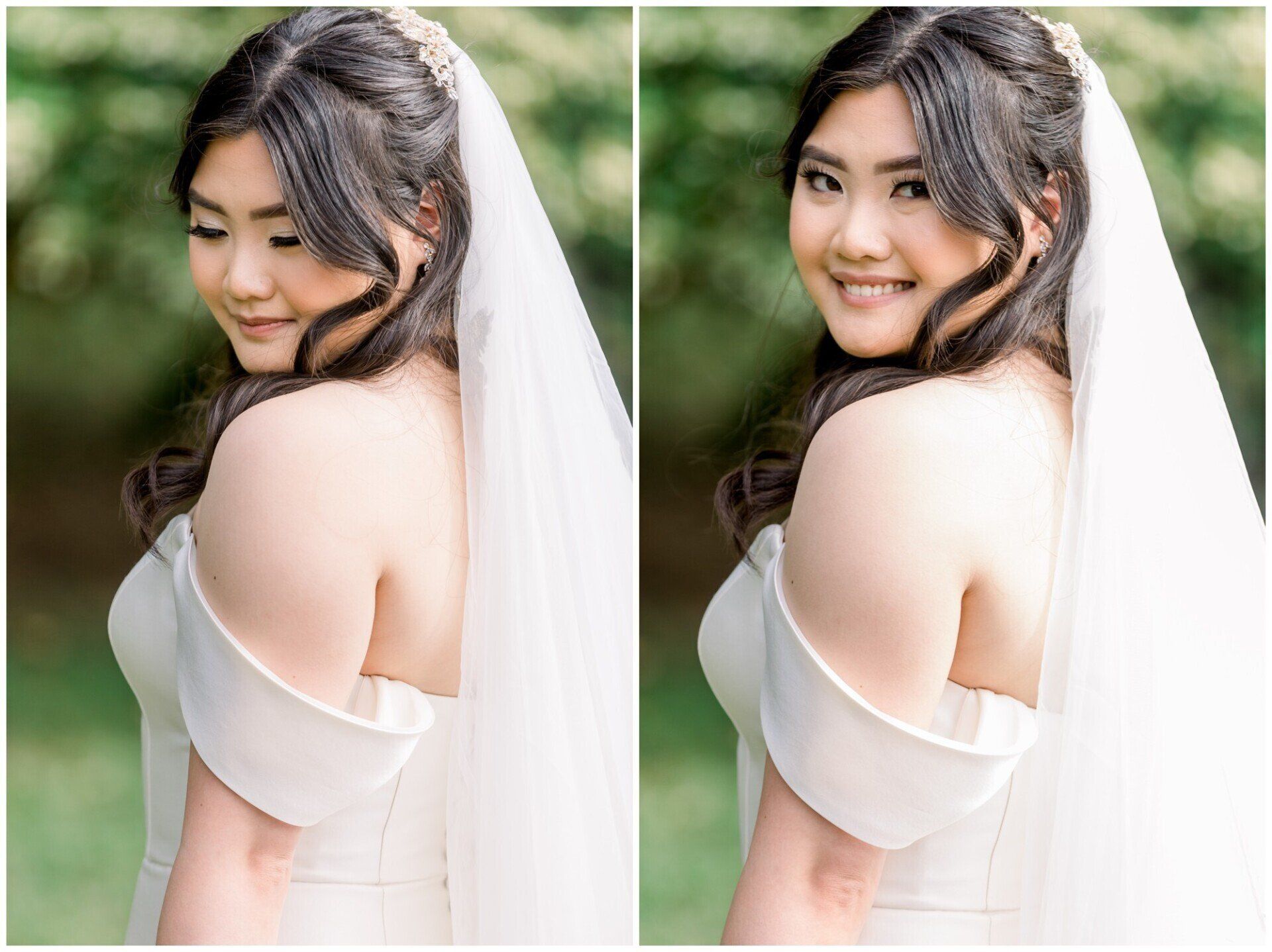 Side-by-side bridal portrait of a smiling woman in a white wedding dress and veil outdoors