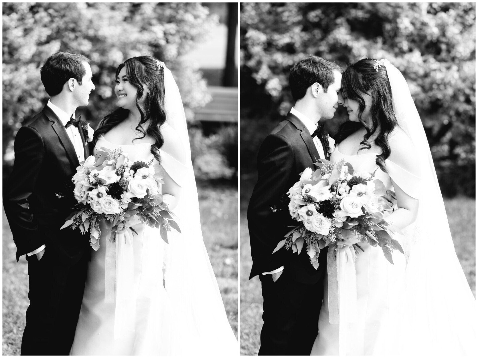 Black-and-white wedding couple exchanging smiles, holding a bouquet outdoors by a tree-lined path