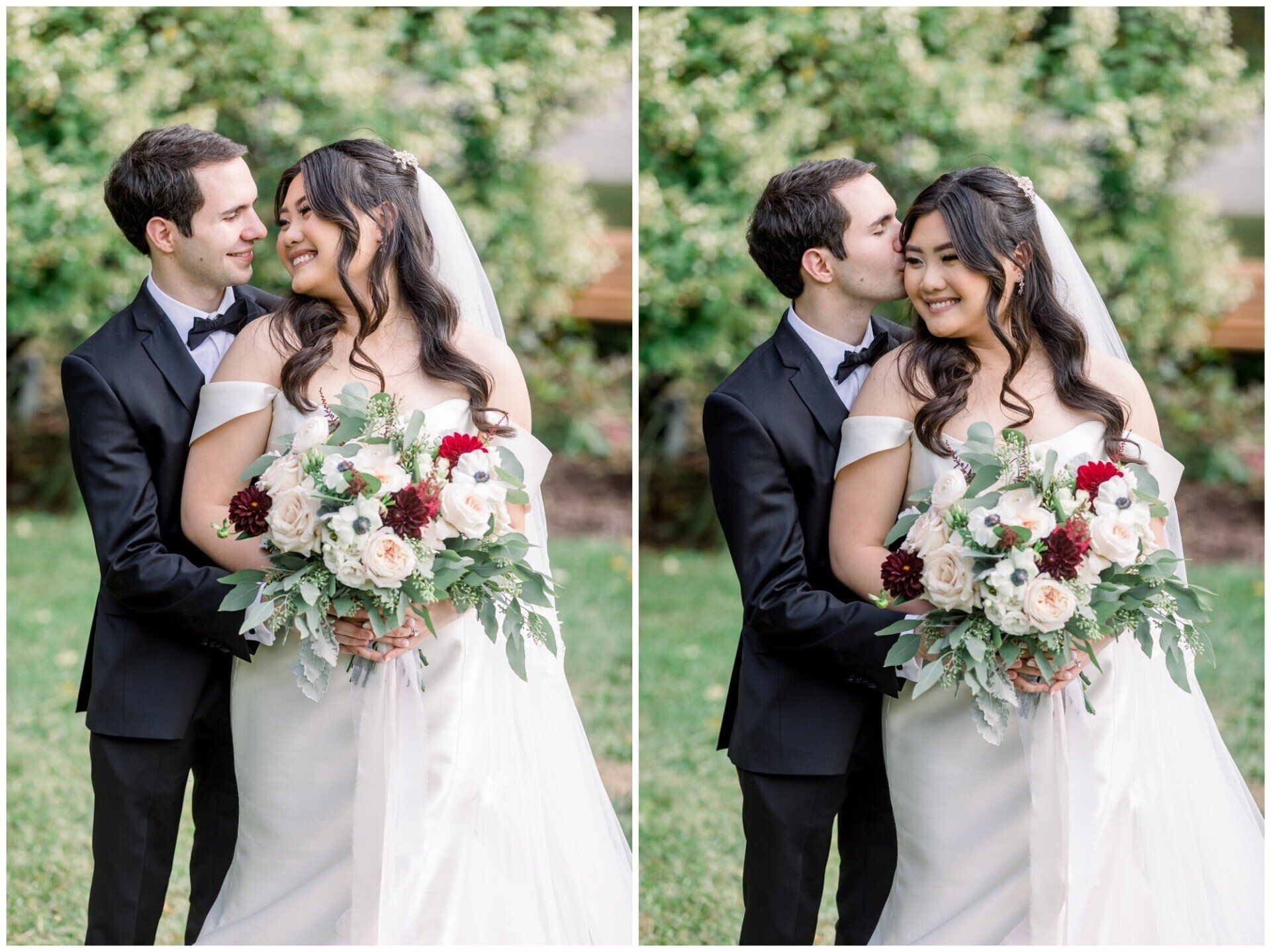 Bride and groom embrace, holding a white and blush bouquet against a green outdoor backdrop