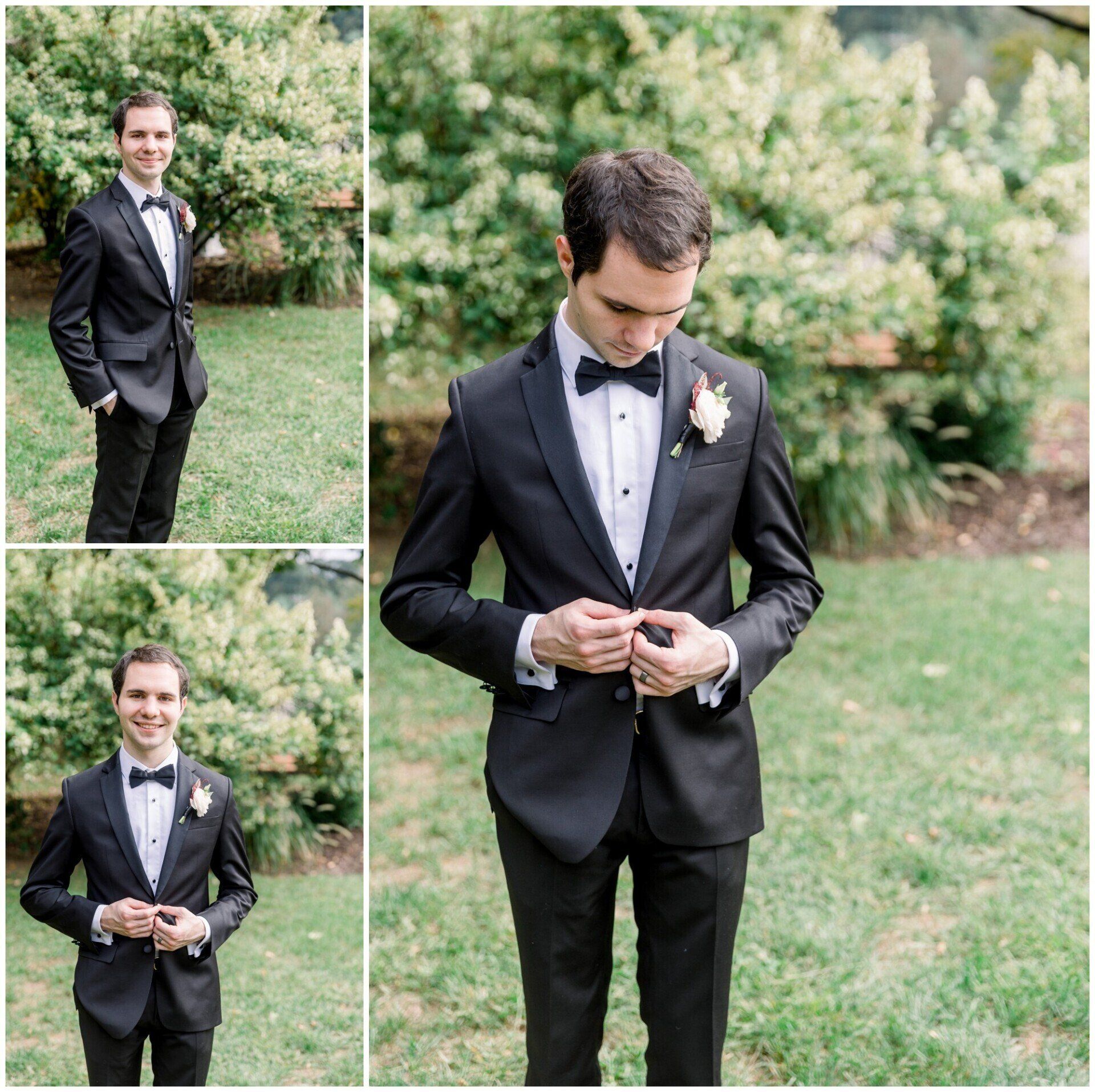 Man in a black tuxedo adjusting his jacket outdoors in a garden, with floral greenery behind him