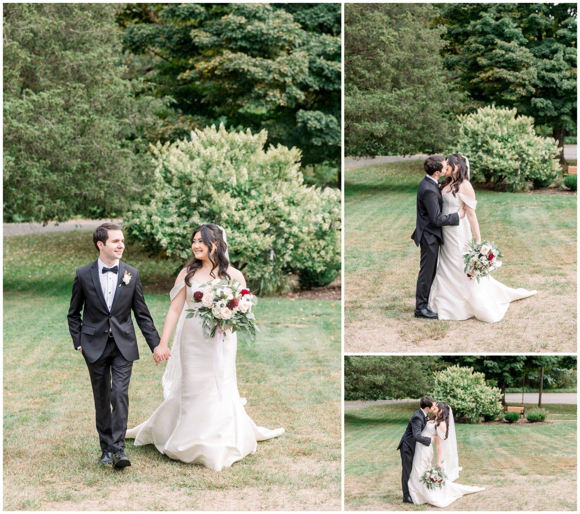 Bride and groom posing in a garden wedding collage, holding hands and embracing with bouquet in hand