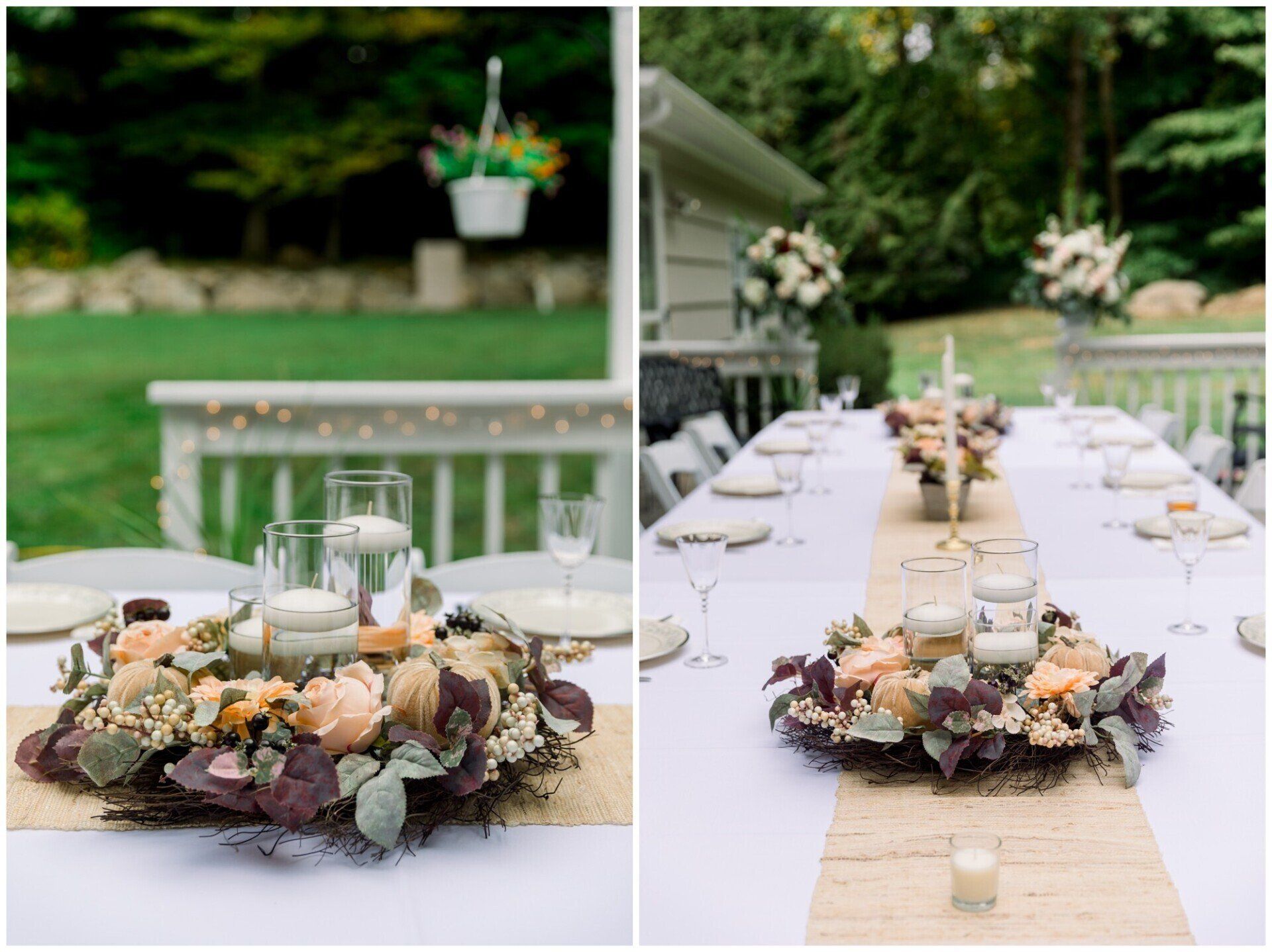 Outdoor wedding reception tables with white linens and peach floral centerpieces on a deck and lawn.