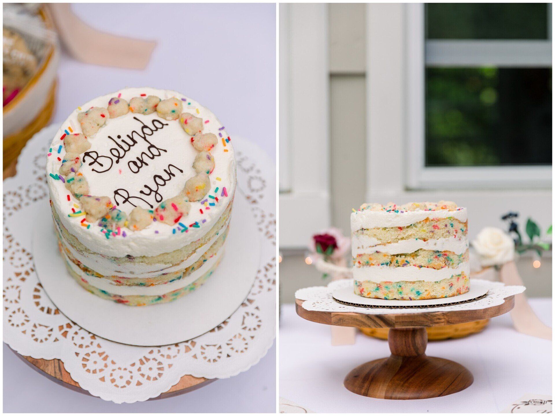 Decorated white birthday cake with pastel sprinkles and a “Happy Birthday Ryan” plaque on a cake stand