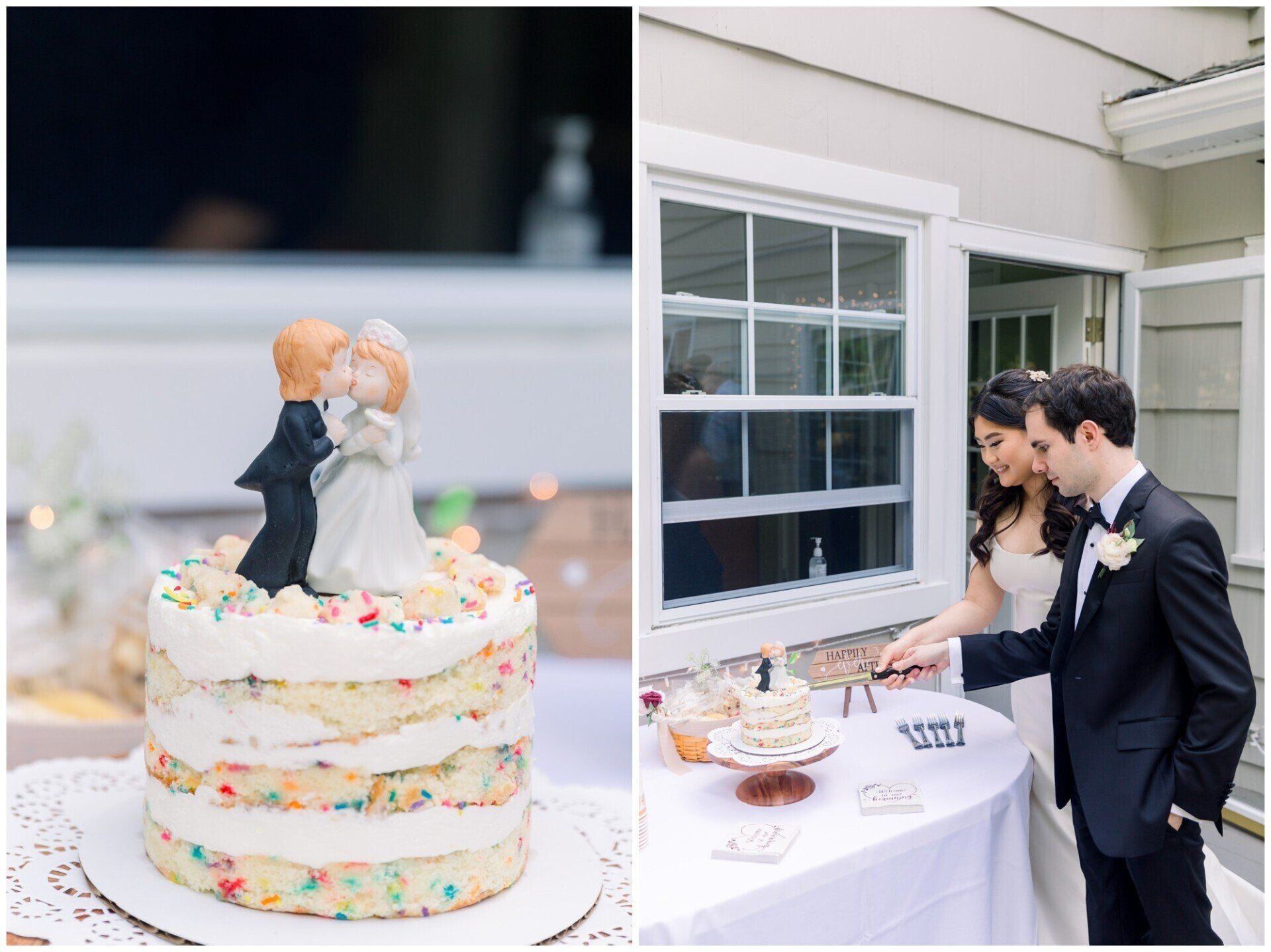 Wedding cake with figurines on a decorated table as a couple cuts a slice beside it